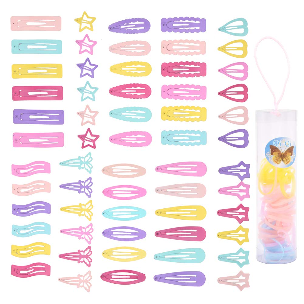 60 Pcs Non-Slip Snap Hair Clips with 60 Pcs Elastic Hair Bands - Colorful Metal Barrettes (Star, Butterfly, Heart) for Kids, Girls & Women - Perfect for School, Parties & Daily Hair Styling