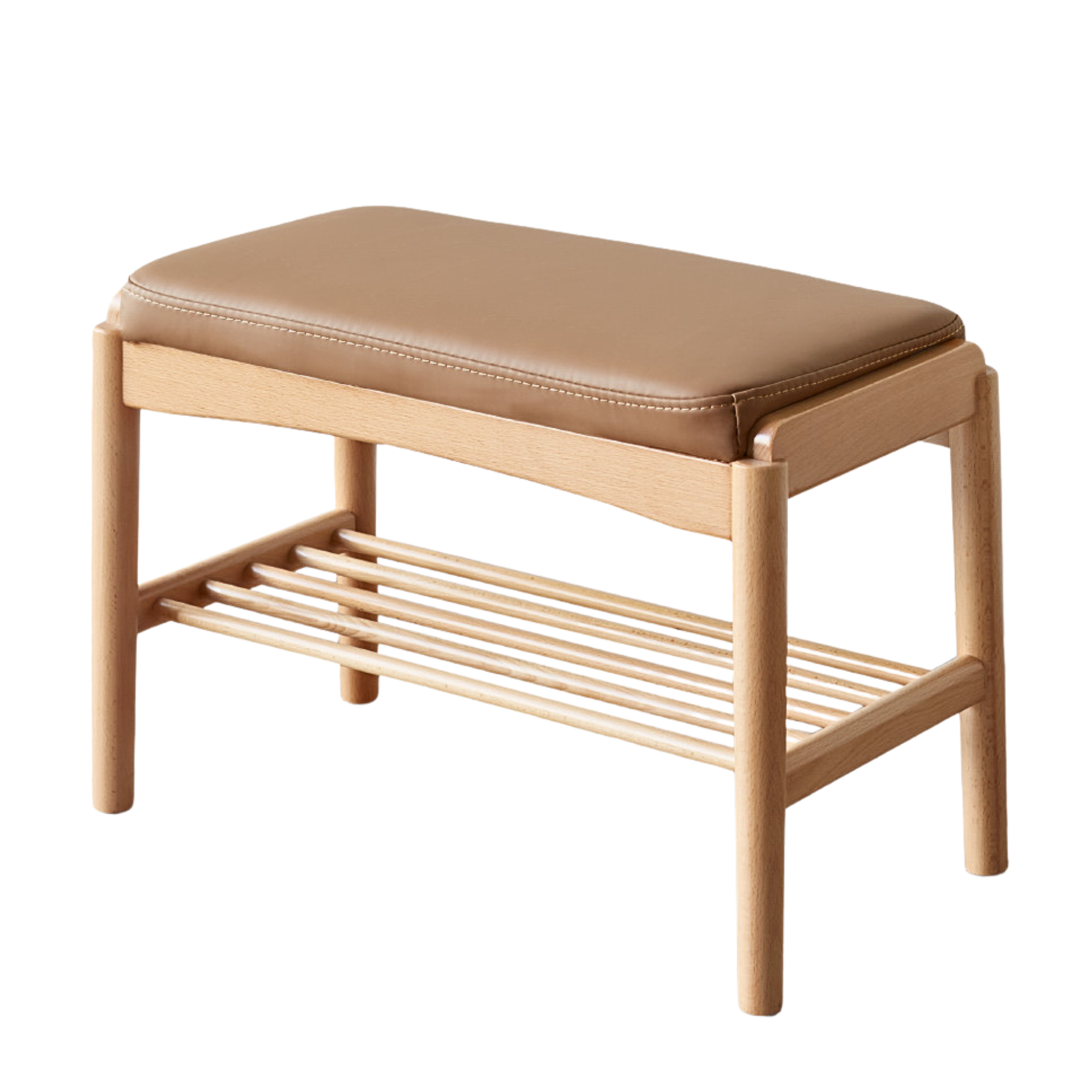 23x12x16 inch/ 60x30x42cm/ Natural wood color/ Beech bench Organic Leather-Milk Tea Brown