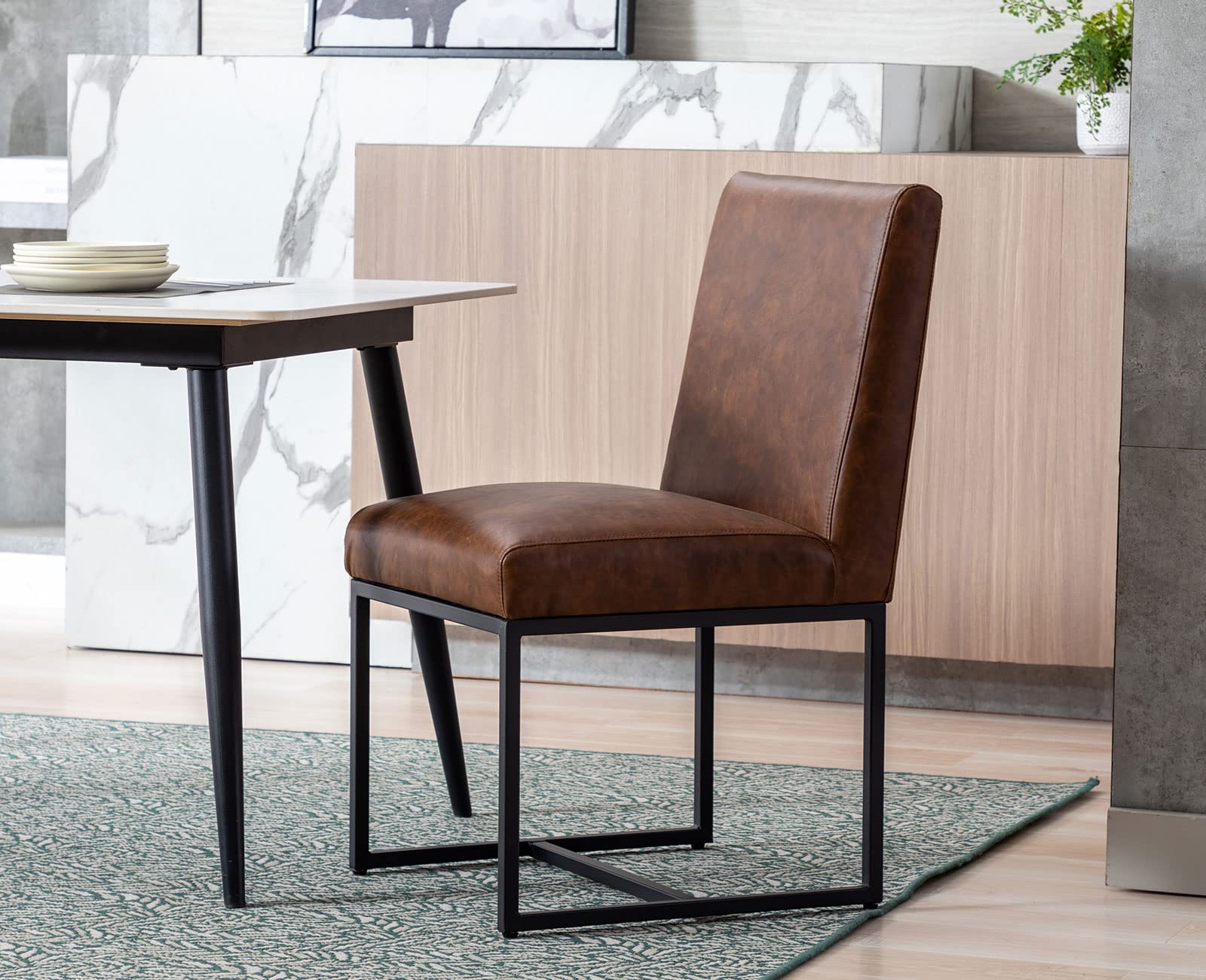 Shunzhi Modern Dining Chairs Set of 2 - Black Metal Frame PU Leather Upholstered Mid Century Armless Padded Chairs for Dining Room, Living Room, Bedroom - Comfortable Seating for Home, Office & Restaurant Use