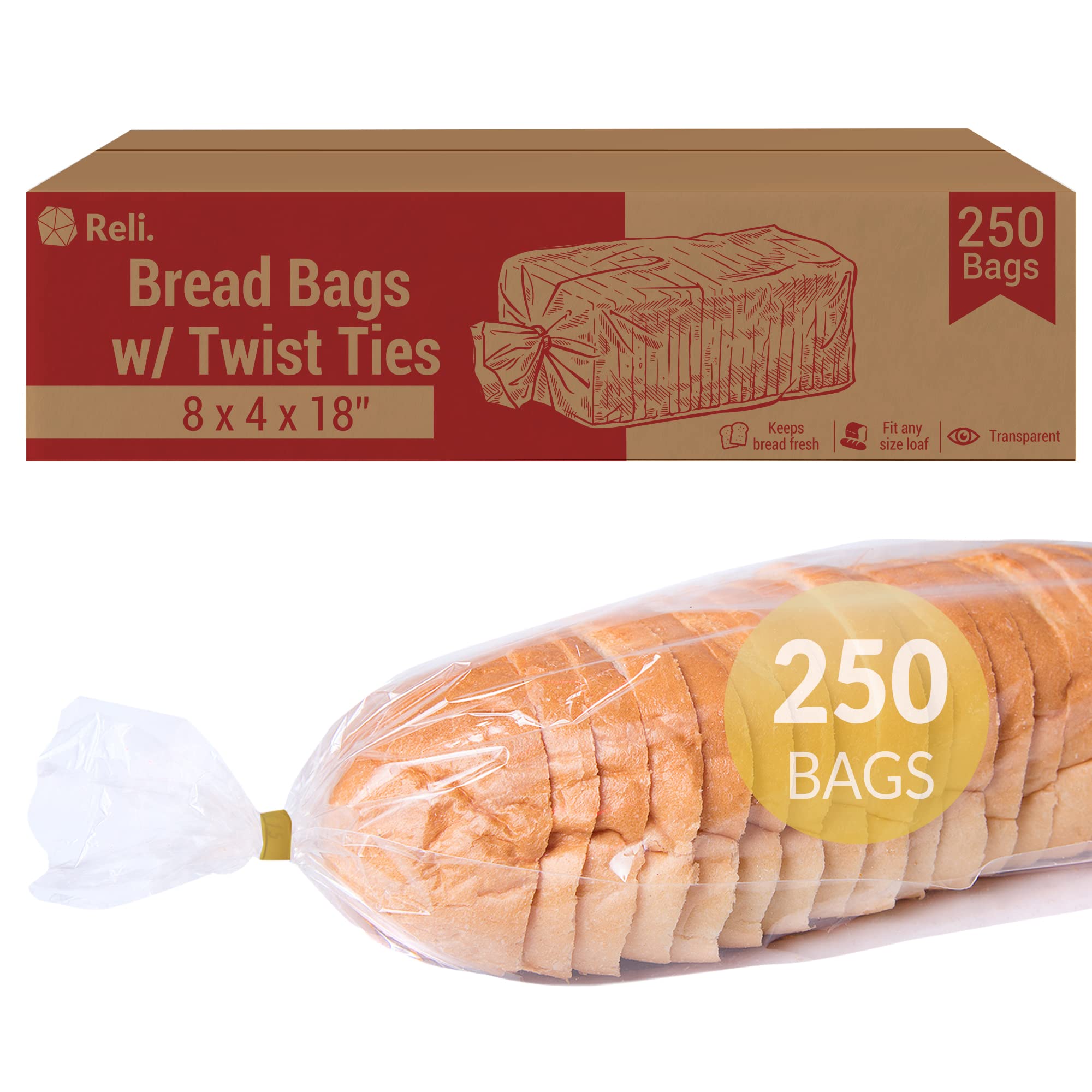 Reliable Clear Plastic Bread Bags with Twist Ties - 8x4x18 Inches, 250 Pack - Bulk Bakery Bags for Homemade Bread, Loaf Packing & Fresh Storage - Perfect for Bakeries, Home Baking & Food Preservation