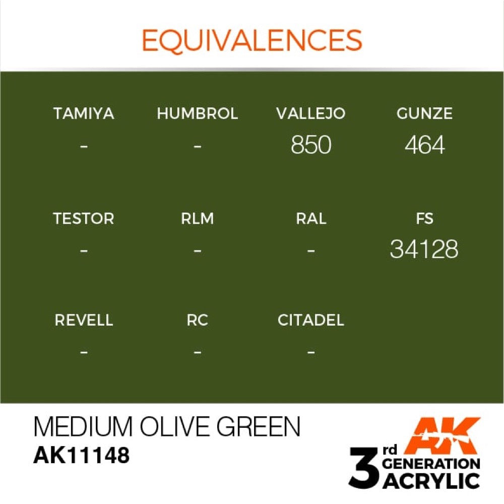 AK Interactive AK11148 Medium Olive Green Acrylic Paint - 17ml Bottle (3rd Gen) for Military Models, Miniatures & Dioramas - Premium Hobby Paint for Airbrush & Hand Brushing