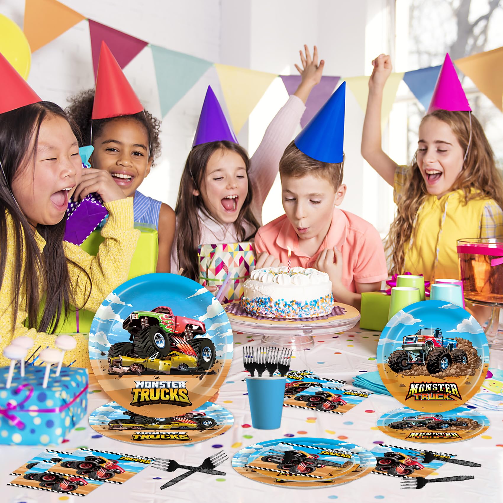 96 Pcs Monster Truck Plates and Napkins Set - Durable Paper Plates & Napkins for Monster Truck Birthday Party Decorations, Kids Party Supplies, Favors - Perfect for Themed Birthday Parties, Baby Showers, and Truck Lover Events