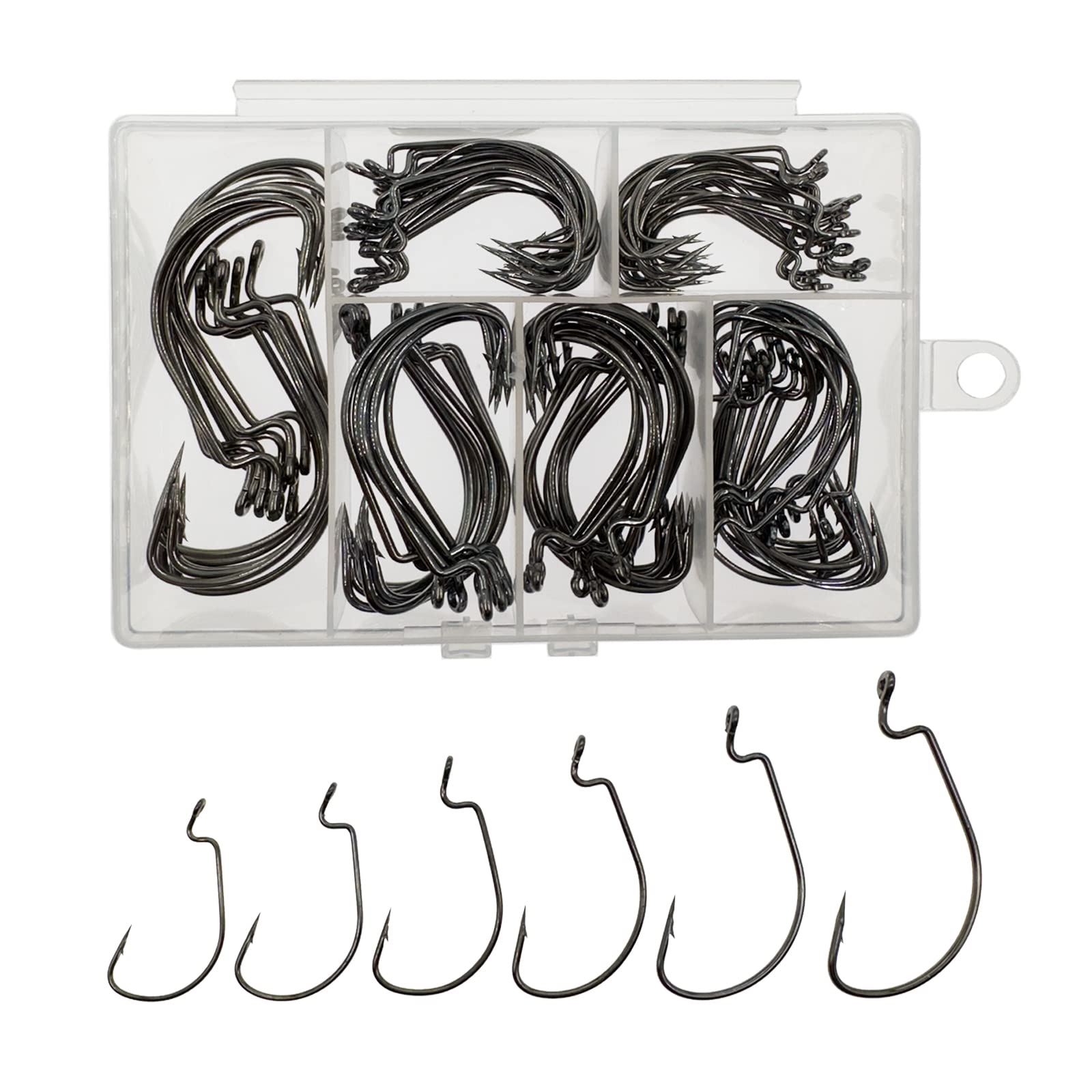 110pcs Bass Fishing Worm Hooks - 6 Sizes (#1, 1/0, 2/0, 3/0, 4/0, 5/0) High Carbon Steel Freshwater Hooks with Portable Plastic Box - Perfect for Largemouth Bass, Smallmouth Bass & Panfish Fishing in Lakes & Rivers