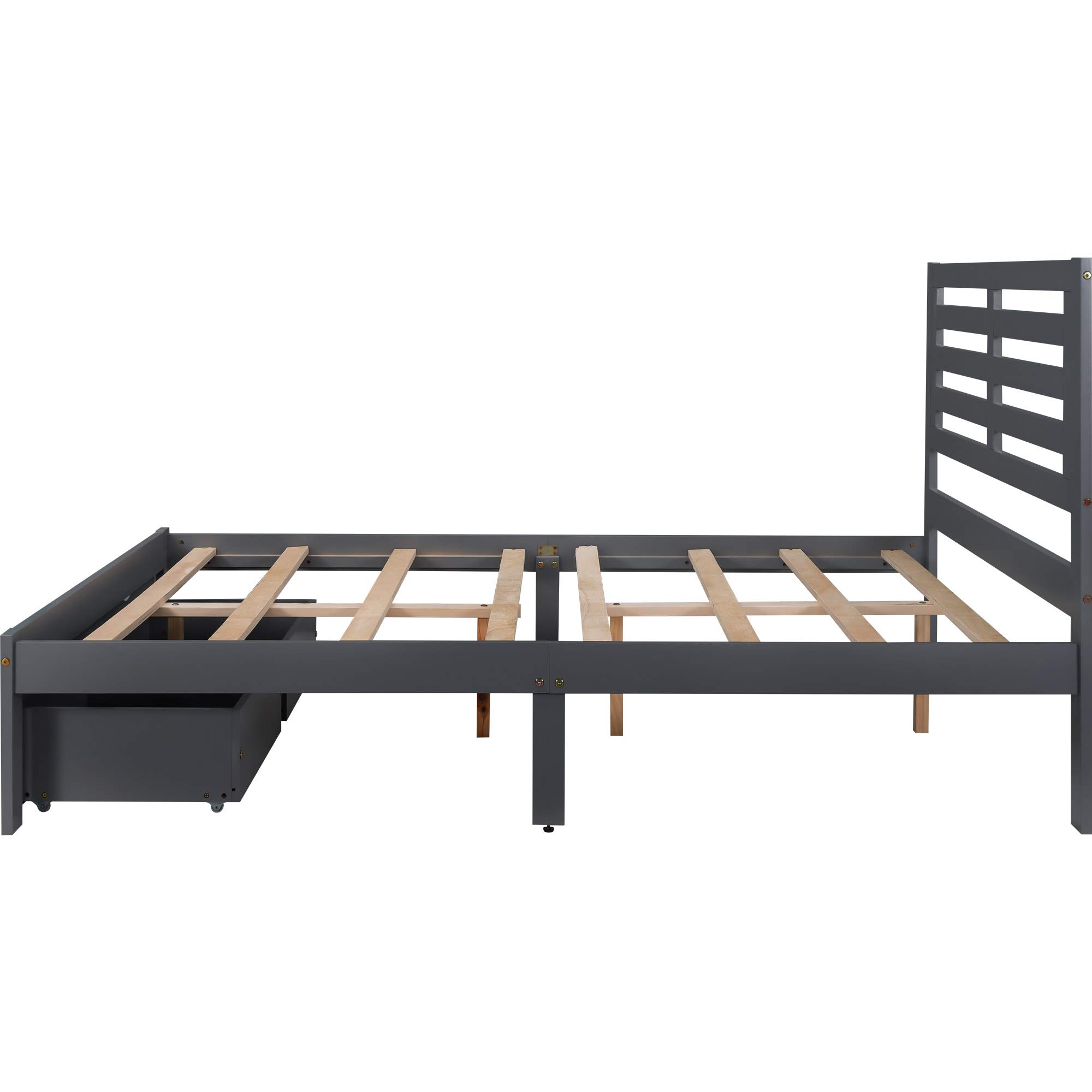 **Henf Full Size Platform Bed Frame with 2 Storage Drawers - Solid Wood Bed for Kids & Adults, No Box Spring Needed, Easy Assembly (Gray) - Perfect for Small Spaces, Guest Rooms & Modern Bedrooms**