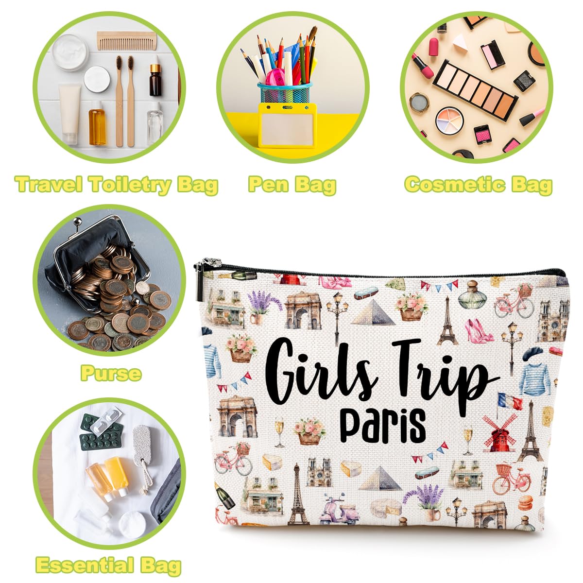 Paris Themed Makeup Bag - Cute Cosmetic Travel Organizer for Women | Perfect Gift for Paris Lovers, Best Friends, Sisters | Great for Travel, Weekend Trips, Birthday, Christmas & Friendship Gifts | Ideal for Makeup Storage, Travel Essentials & Paris Souvenirs