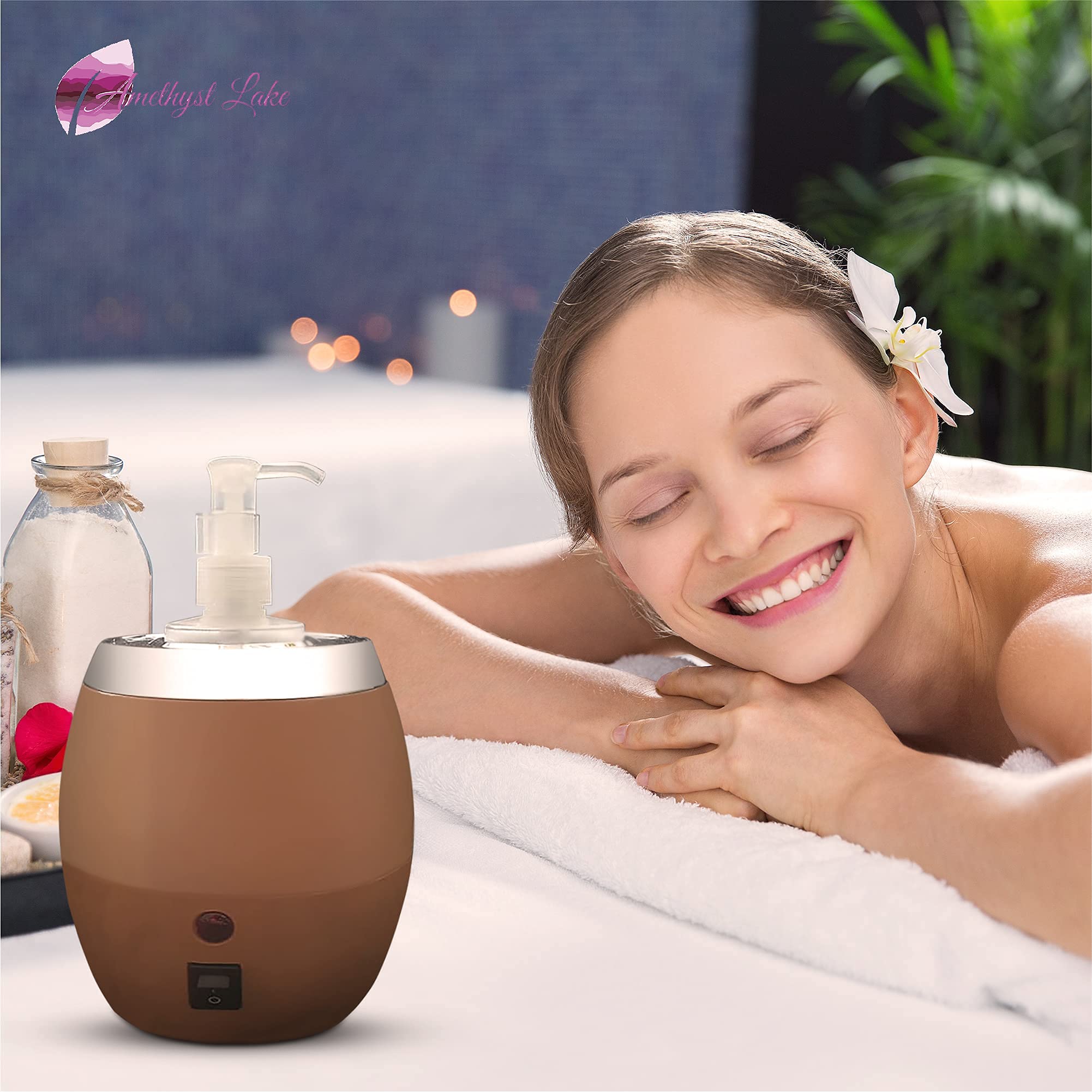 AMETHYST LAKE Electric Massage Oil Warmer Bottle - Professional Bottle Warmer Dispenser Heater for Essential Oils, Lotions & Creams - Perfect for Spa, Beauty Salon & Home Massage Therapy Treatments