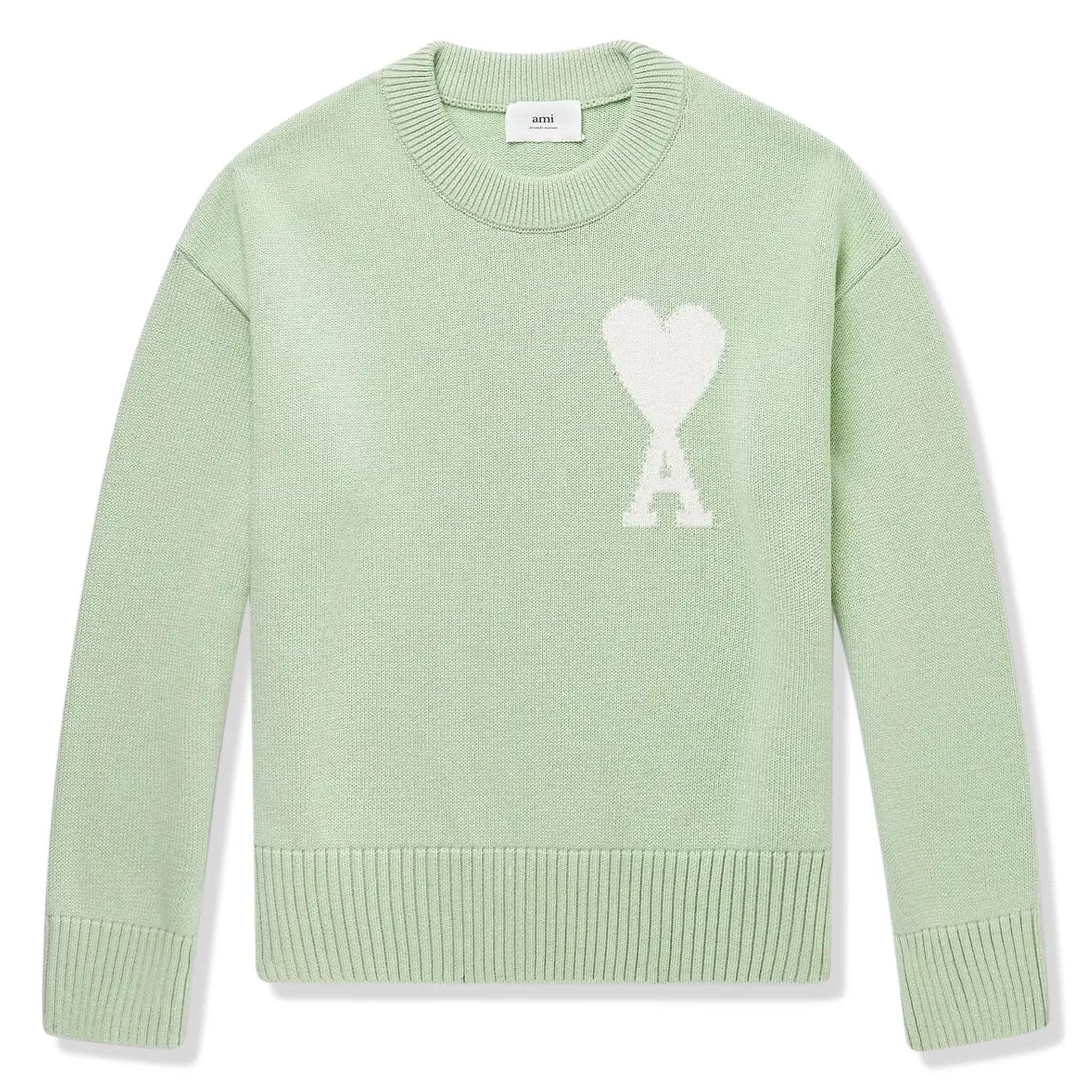 Ami Paris Red Ami De Coeur Logo Intarsia Off Green Sweatshirt for Men & Women | Casual Pullover Hoodie for Streetwear, Fall Fashion & Everyday Wear