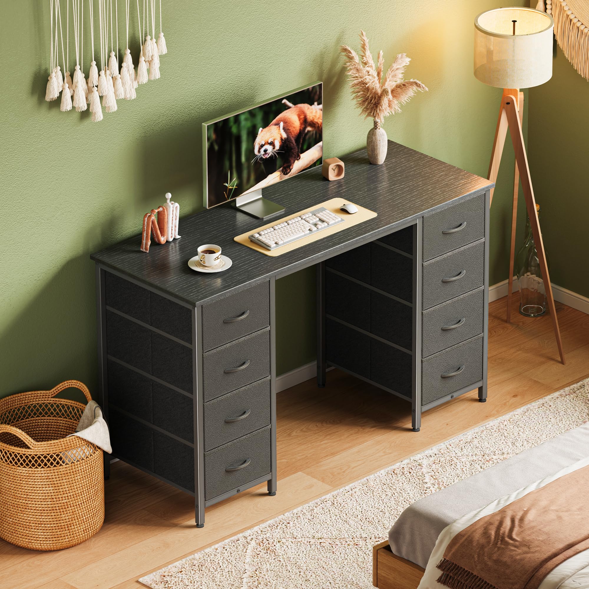 Huuger 47 Inch Computer Desk with 8 Fabric Drawers - Black Home Office Desk for Work, Study & Gaming | Spacious Storage Workstation for Small Spaces & Dorm Rooms | Ergonomic Writing Desk for Professionals & Students