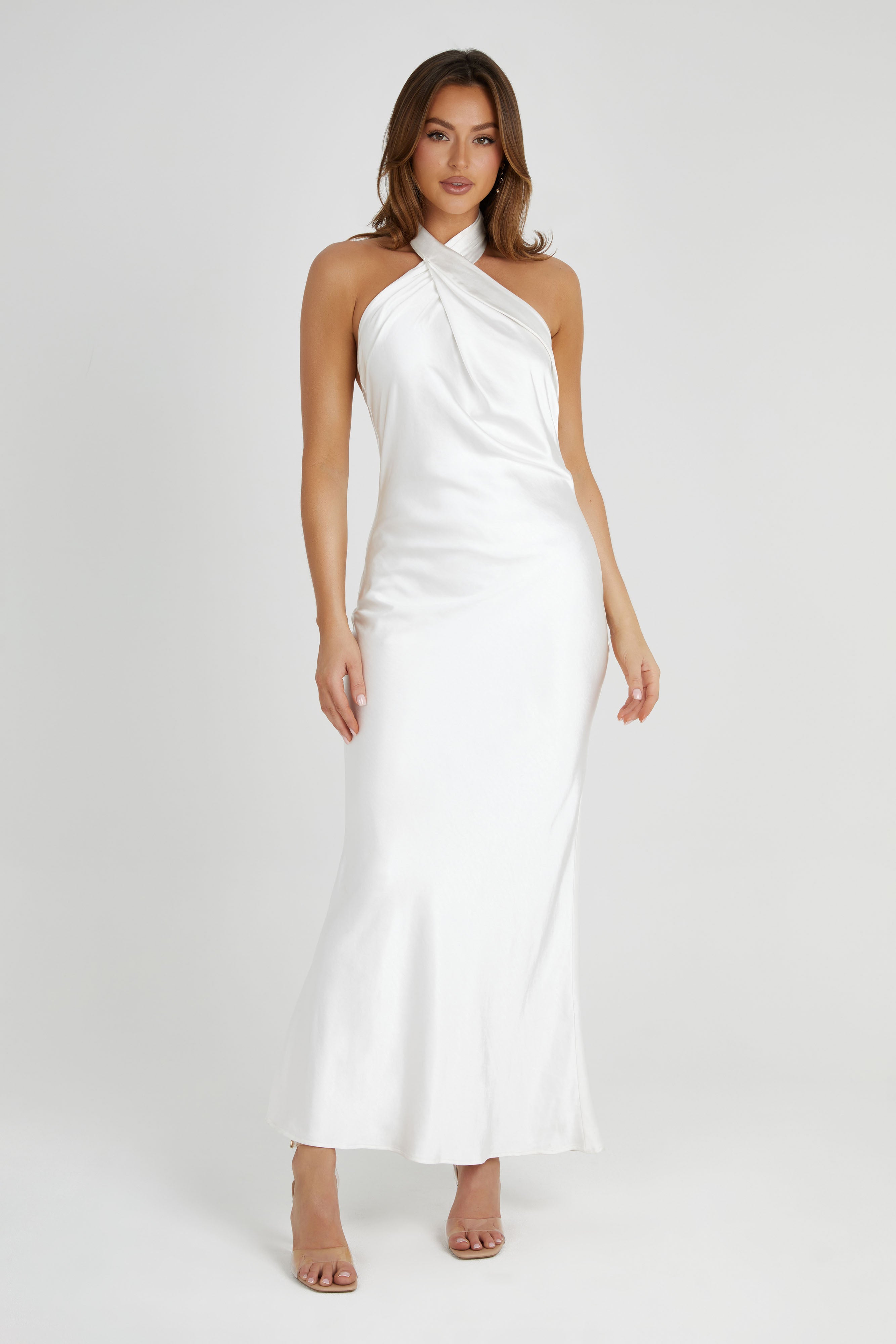 Laura Halter Satin Gown - Elegant White Evening Dress for Prom, Wedding & Special Occasions