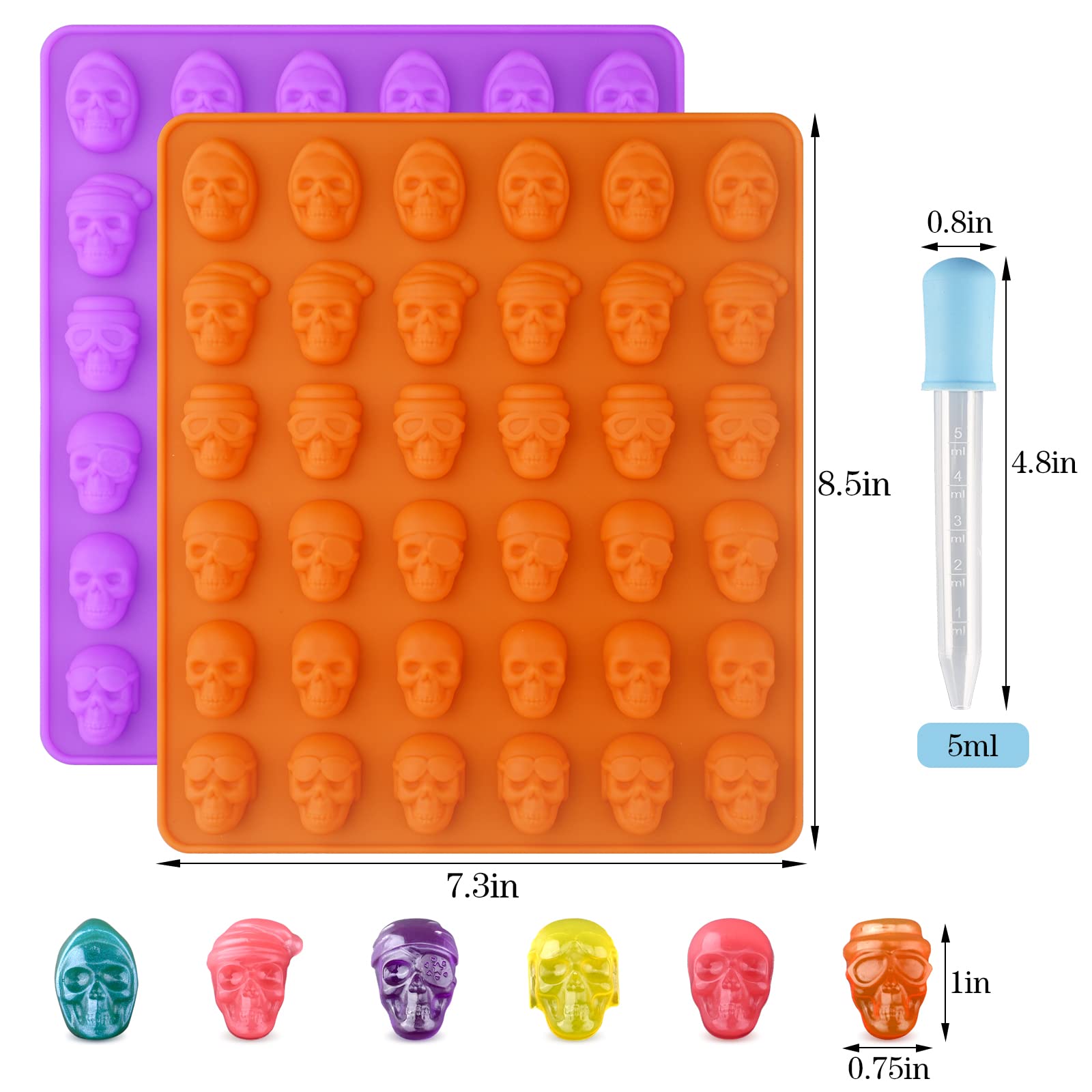 HUAKENER 2 Pack Silicone Skull Candy Molds with Droppers - Food Grade Chocolate, Jelly, Ice Cube & Resin Casting Molds for Halloween Treats, DIY Crafts & Dog Snacks - Perfect for Party Decorations & Baking Projects