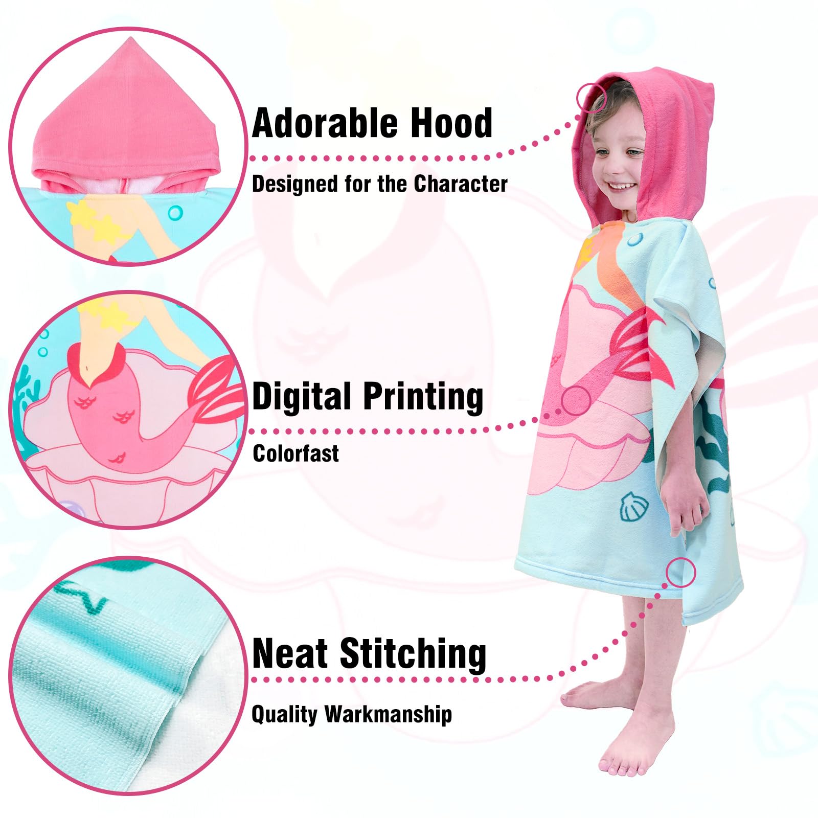 **Kids Hooded Beach Towel with Mermaid Seashell Print - Soft Quick-Dry Microfiber Swim Cover-Up for Toddlers Ages 1-6 | Perfect for Pool, Beach & Bath Time (24x23 Inches)**