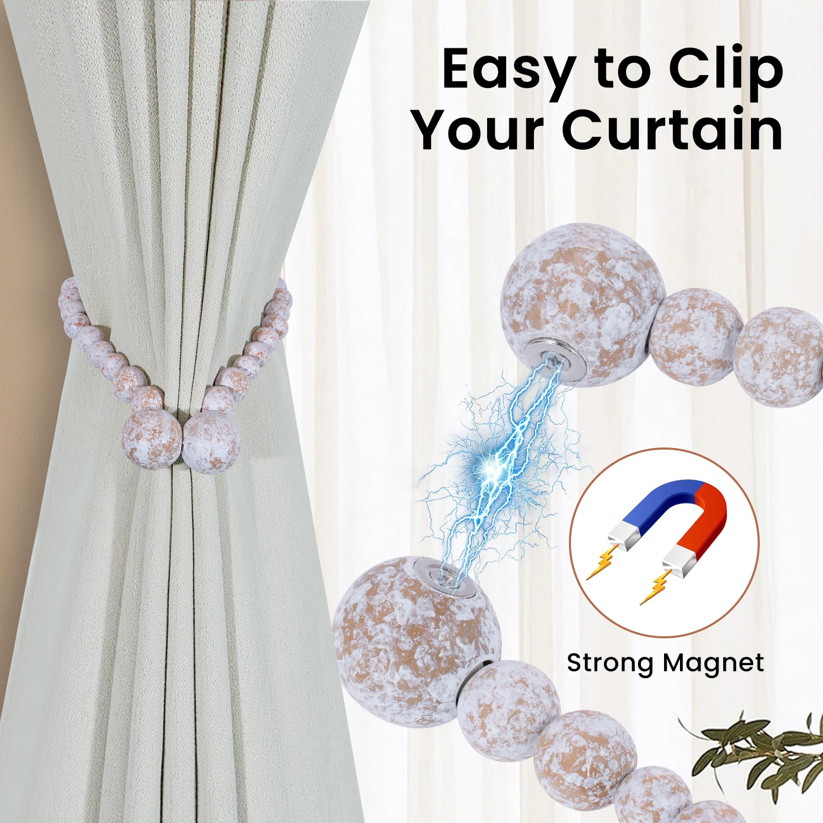 Magnetic Wood Bead Curtain Tiebacks 2 Pack - Boho Farmhouse Decor for Bedroom & Nursery