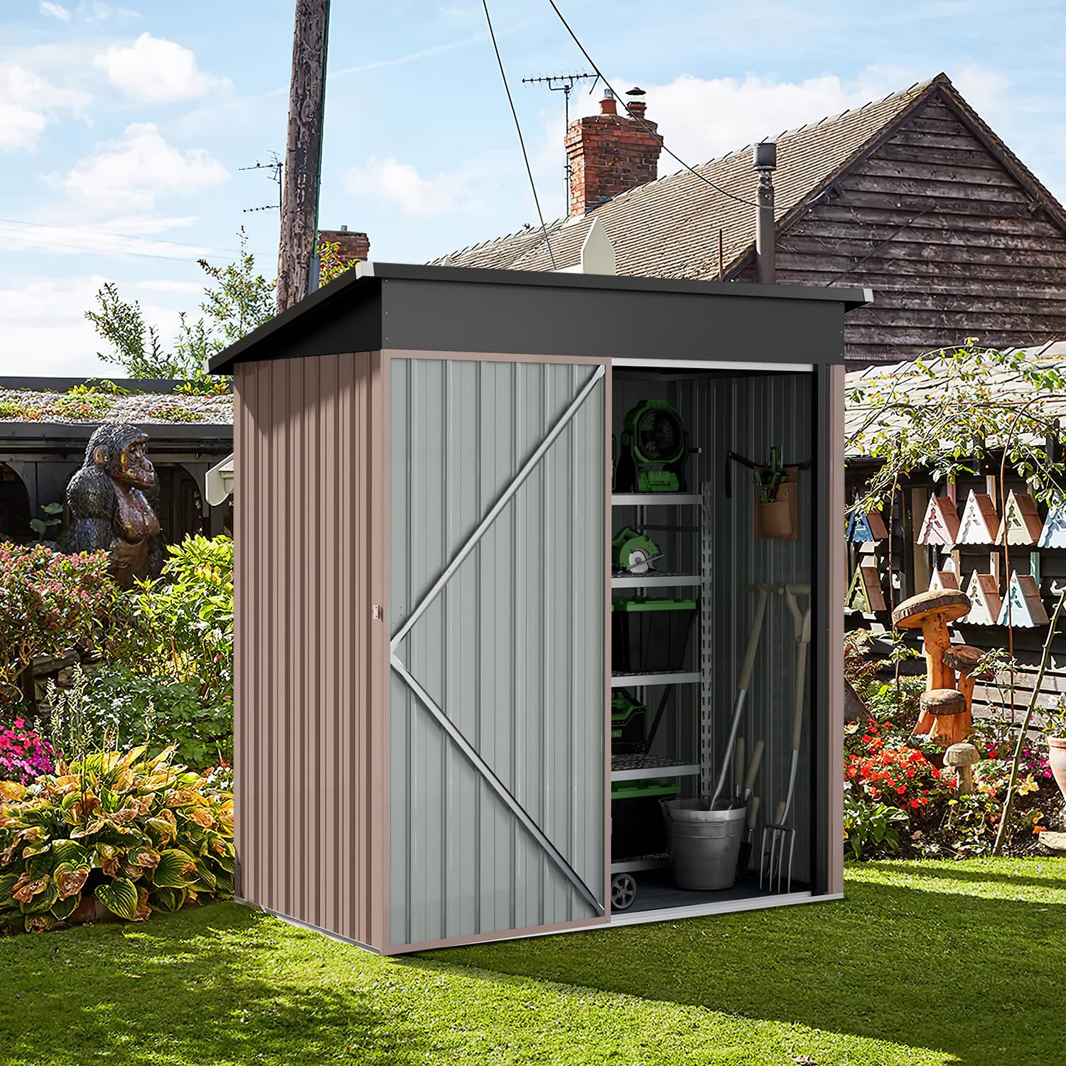 Aoxun 5x2.7 FT Outdoor Metal Storage Shed - Heavy Duty Waterproof Galvanized Steel Garden Shed with Sloping Roof & Lockable Door - Perfect for Storing Lawn Mowers, Gardening Tools, Patio Furniture & Backyard Equipment (Brown)