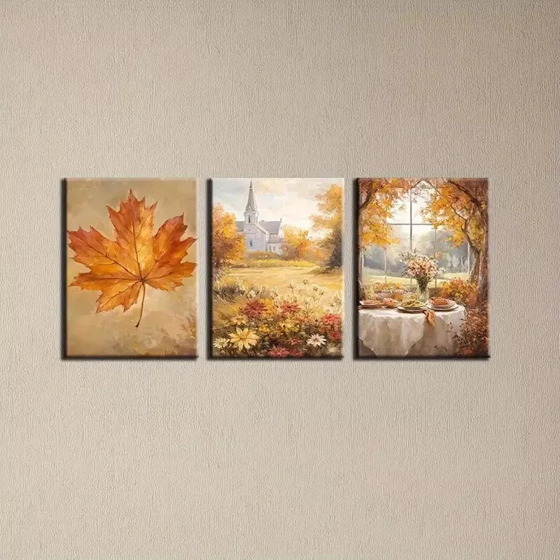 3-Piece Beautiful Autumn Town with Dry Leaves Art Set - Framed Canvas 50x70cm - High Quality Print - 100% Australian Made - Ready to Hang Wall Decor for Living Room, Bedroom & Office