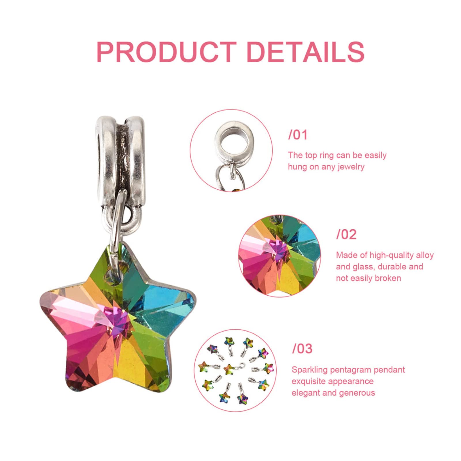 KISSITTY 50-Piece Faceted Crystal Glass Star Pendants - 26mm Large Hole Beads with Silver Bails for DIY Jewelry Making - Perfect for Necklaces, Bracelets & Earrings - Electroplated European Style Charms (5mm Hole)