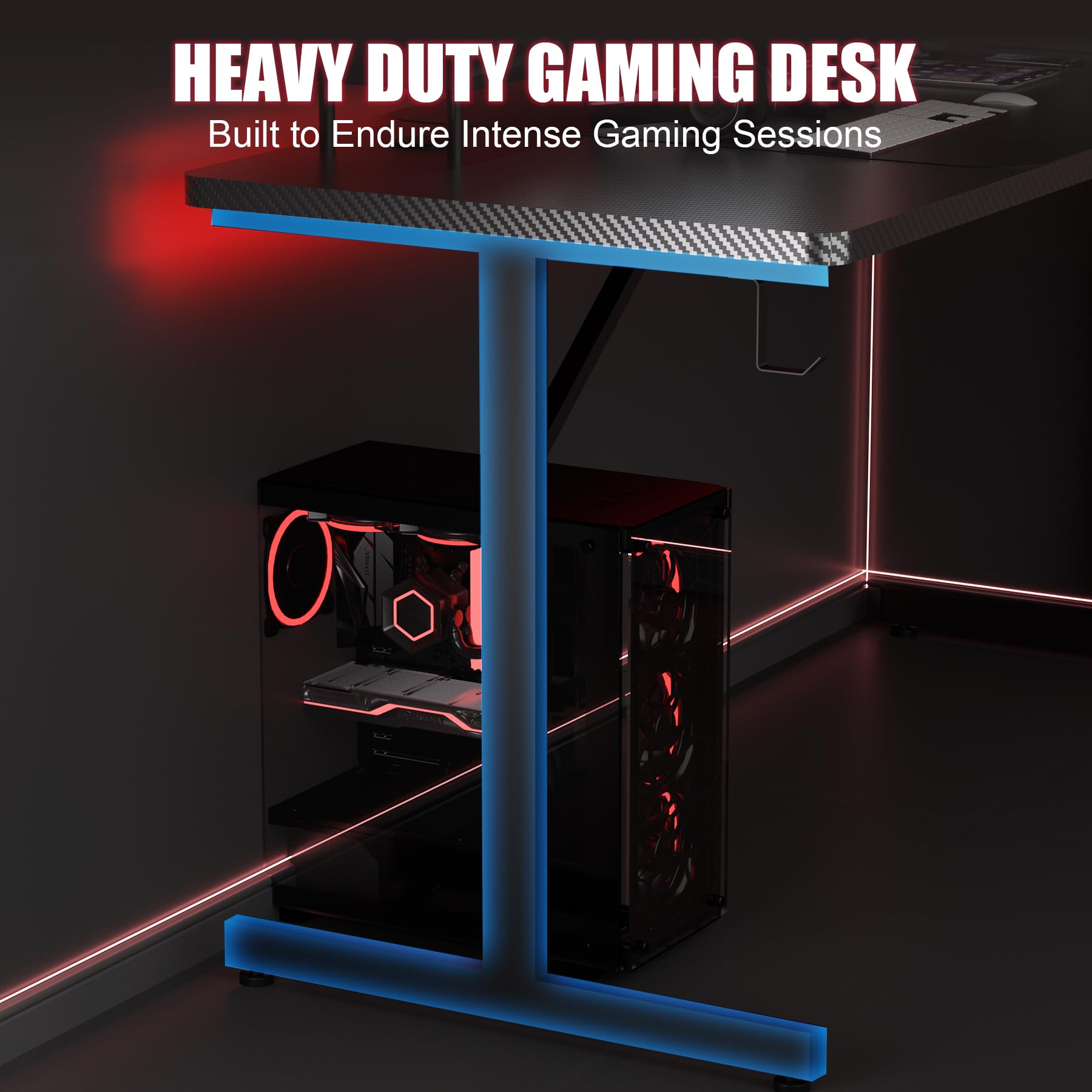 GTRACING 55 Inch Gaming Desk with LED Lights - Large Computer Desk with Mouse Pad, Carbon Fiber Surface, Headphone Hook - Perfect for Home Office & PC Gaming Workstations (Black)
