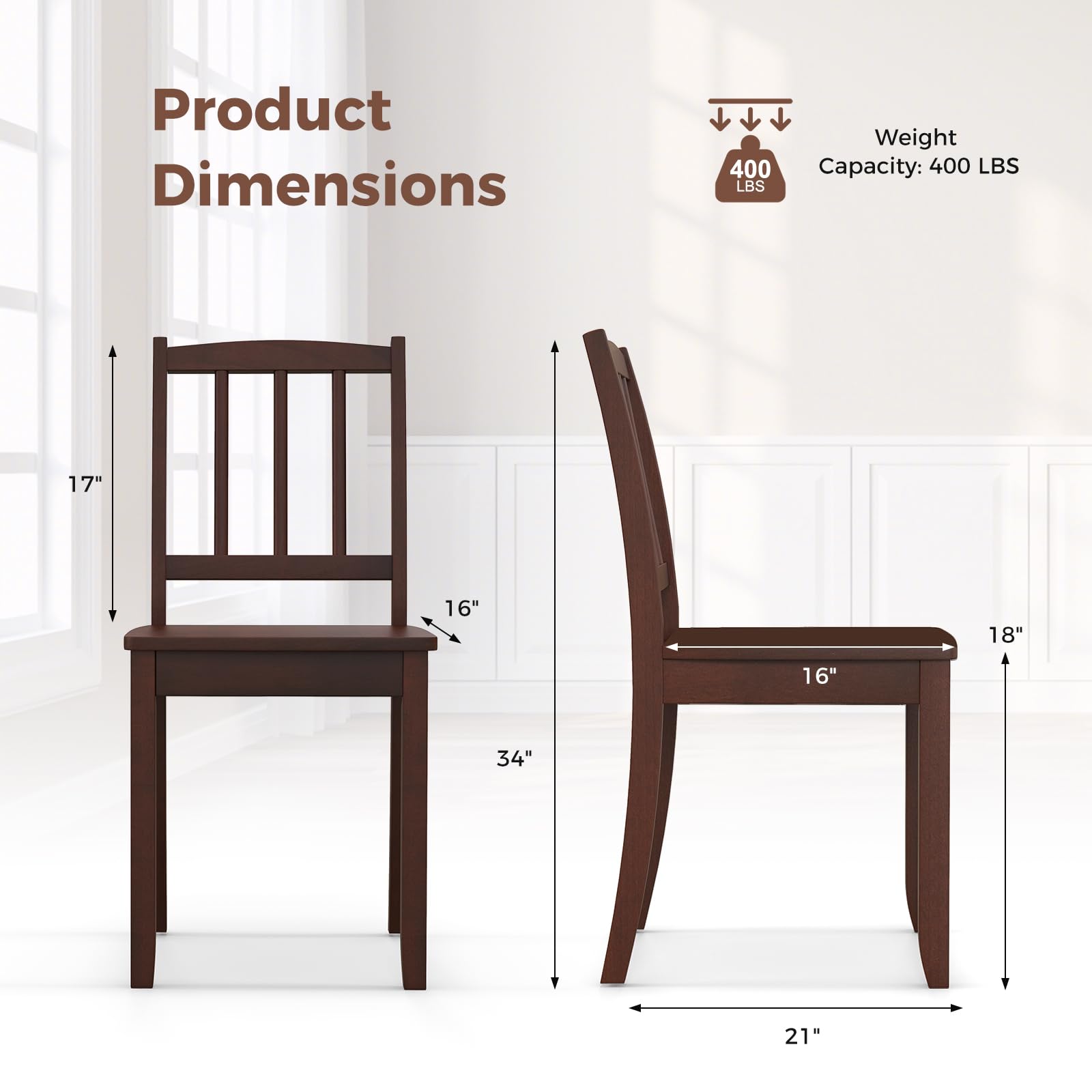Giantex Farmhouse Dining Chairs Set of 4 - Modern Kitchen Chairs with Rubber Wood Legs & Curved Backrest - Ladder Back Diner Chairs for Dining Room, Kitchen, Study - 400 LBS Weight Capacity - Brown Wooden Side Chairs - Perfect for Farmhouse Decor, Small Spaces & Family Gatherings