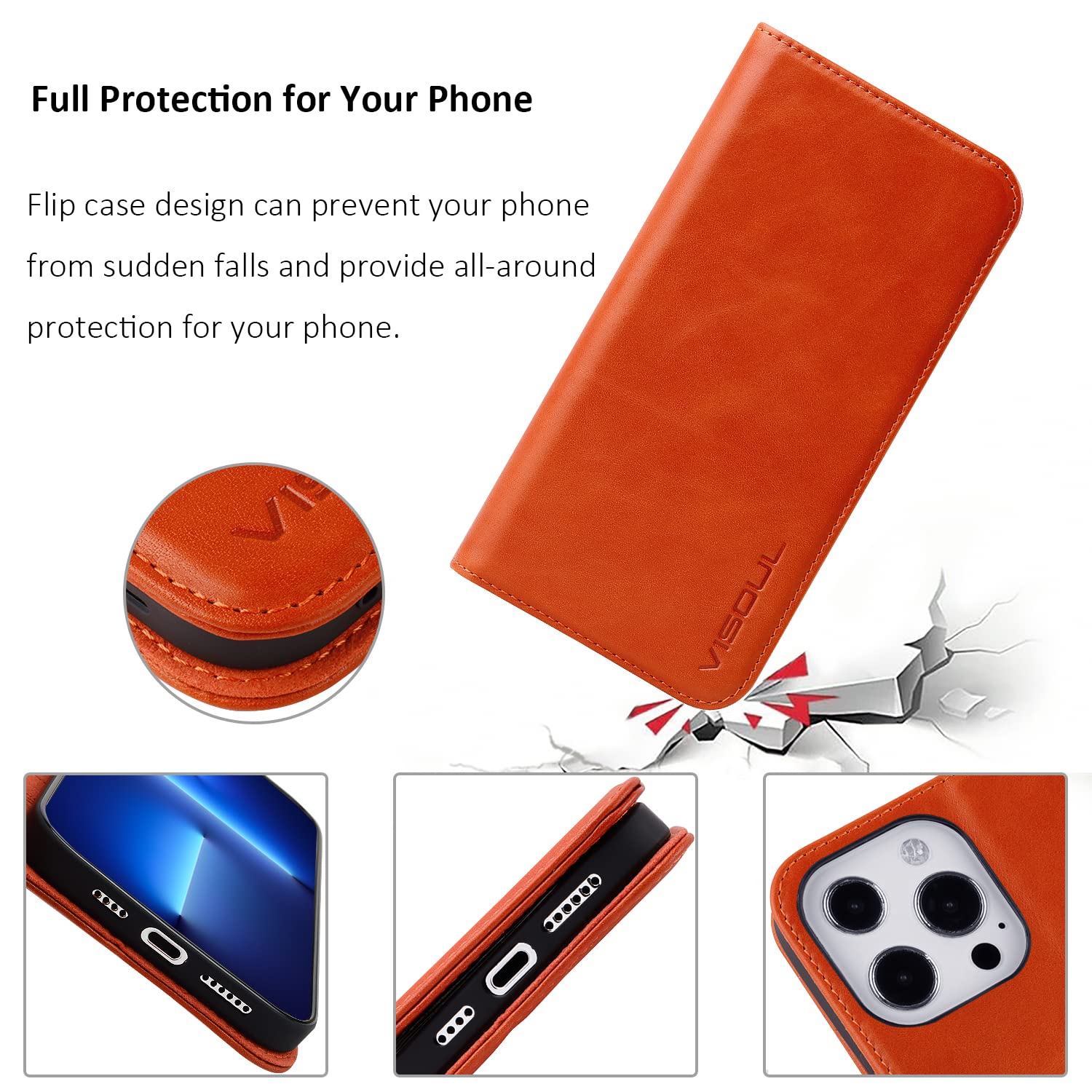 Premium Genuine Leather Magnetic Wallet Case for iPhone 13 Pro Max (6.7-inch) - Shockproof Flip Cover with Card Slots & Kickstand | Orange | Perfect for Business Travel & Daily Use