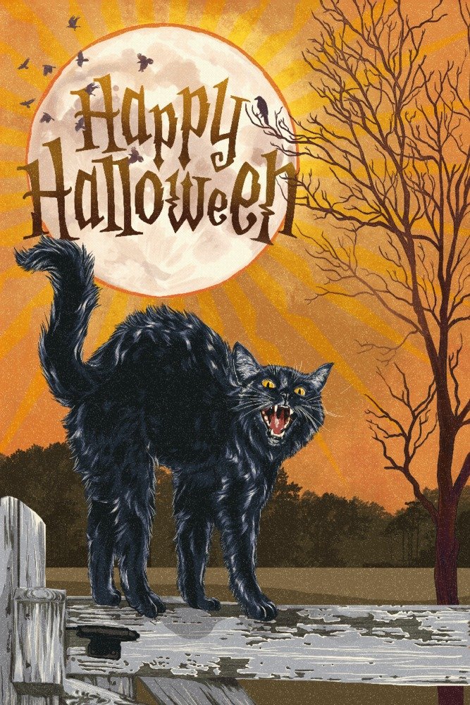 Halloween Wall Art Print - Signed 24x36 Black Cat and Moon Poster for Home Decor, Holiday Party & Spooky Room Aesthetic