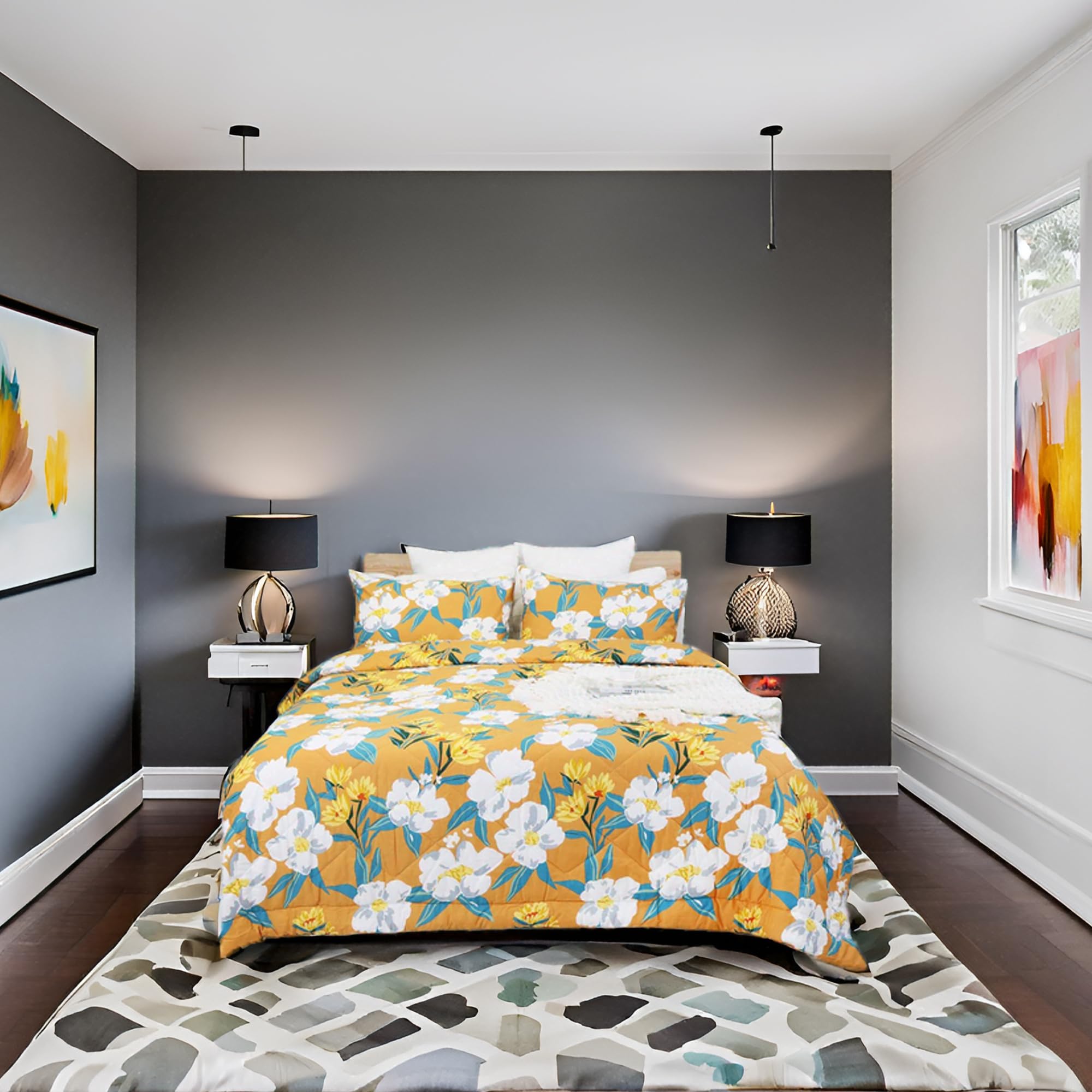 Usfivefam Queen Size Orange Floral Botanical Comforter Set - Lightweight 100% Cotton Reversible Vintage Quilt with 2 Pillowcases for All Seasons | Perfect for Bedroom Decor, Guest Room, and Cozy Farmhouse Style