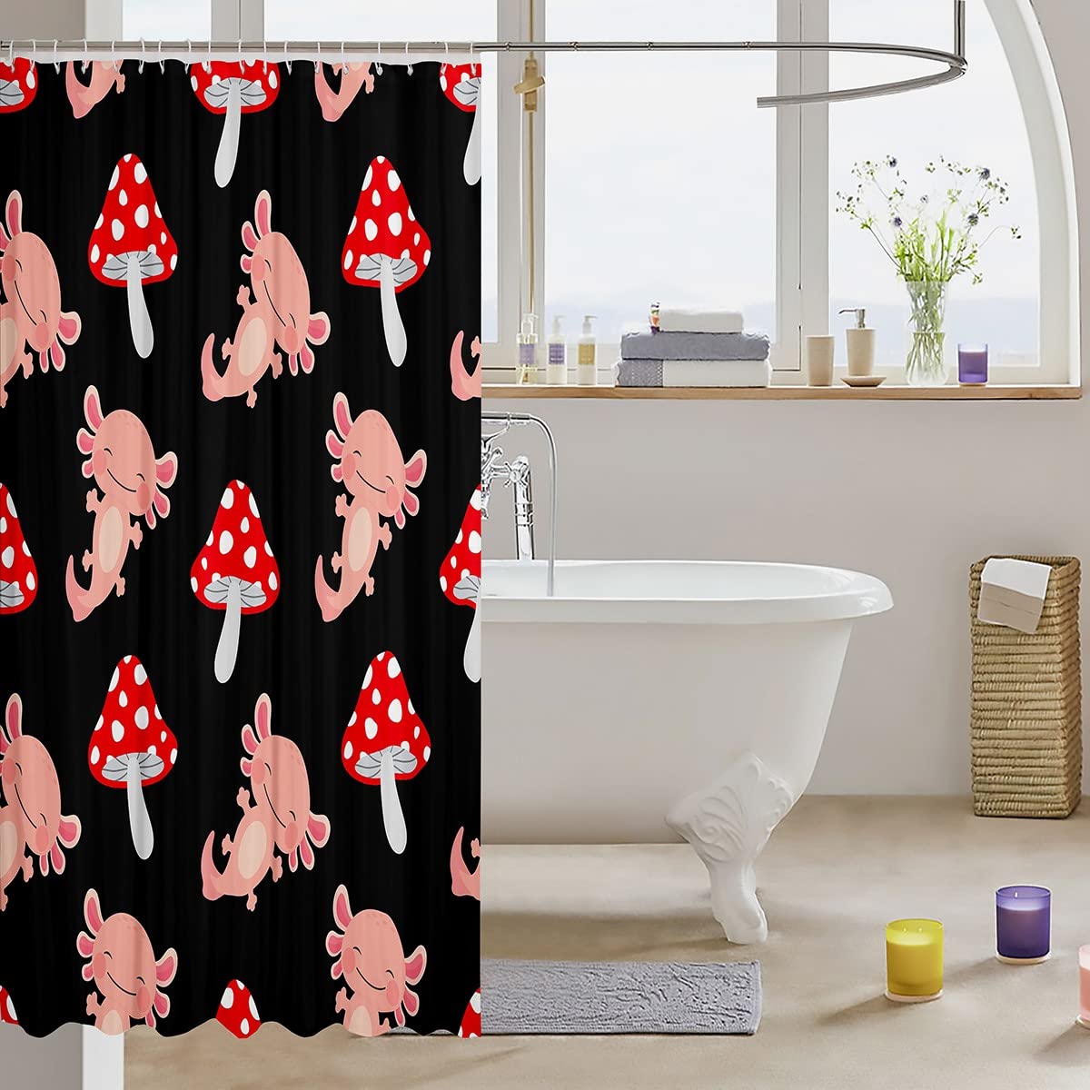Cute Mushroom Bathroom Curtain - Pink Axolotl & Red Mushrooms Design for Coastal Bathroom Decor