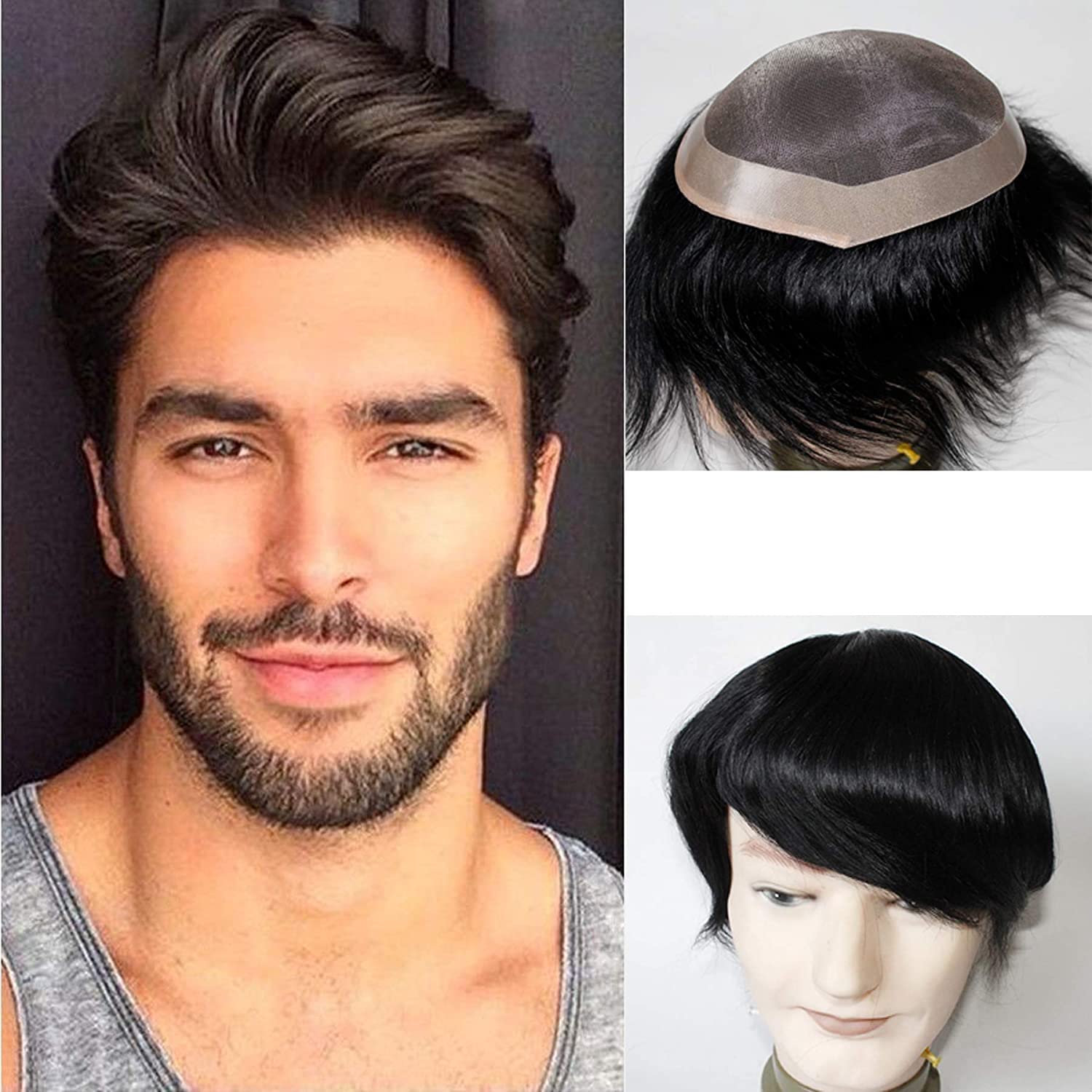 10x7 Super Mono Men's Hair Patch - 100% Silky Soft Human Hair Toupee | Non-Surgical Hair Replacement System | Works with Clips, Glue or Tape | Natural Black Color | Perfect for Daily Wear, Work & Social Events