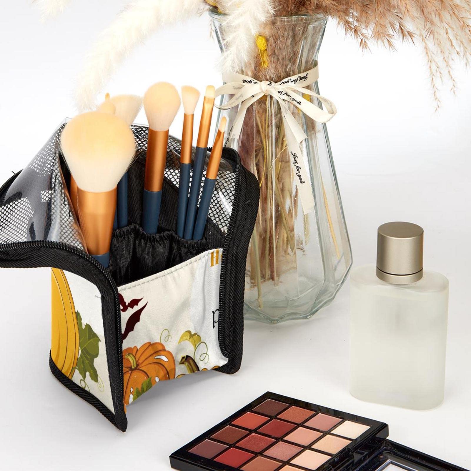 12-Piece Makeup Brush Organizer Bag with Portable Holder Case - Perfect for Halloween Pumpkin Makeup & Travel Cosmetic Storage