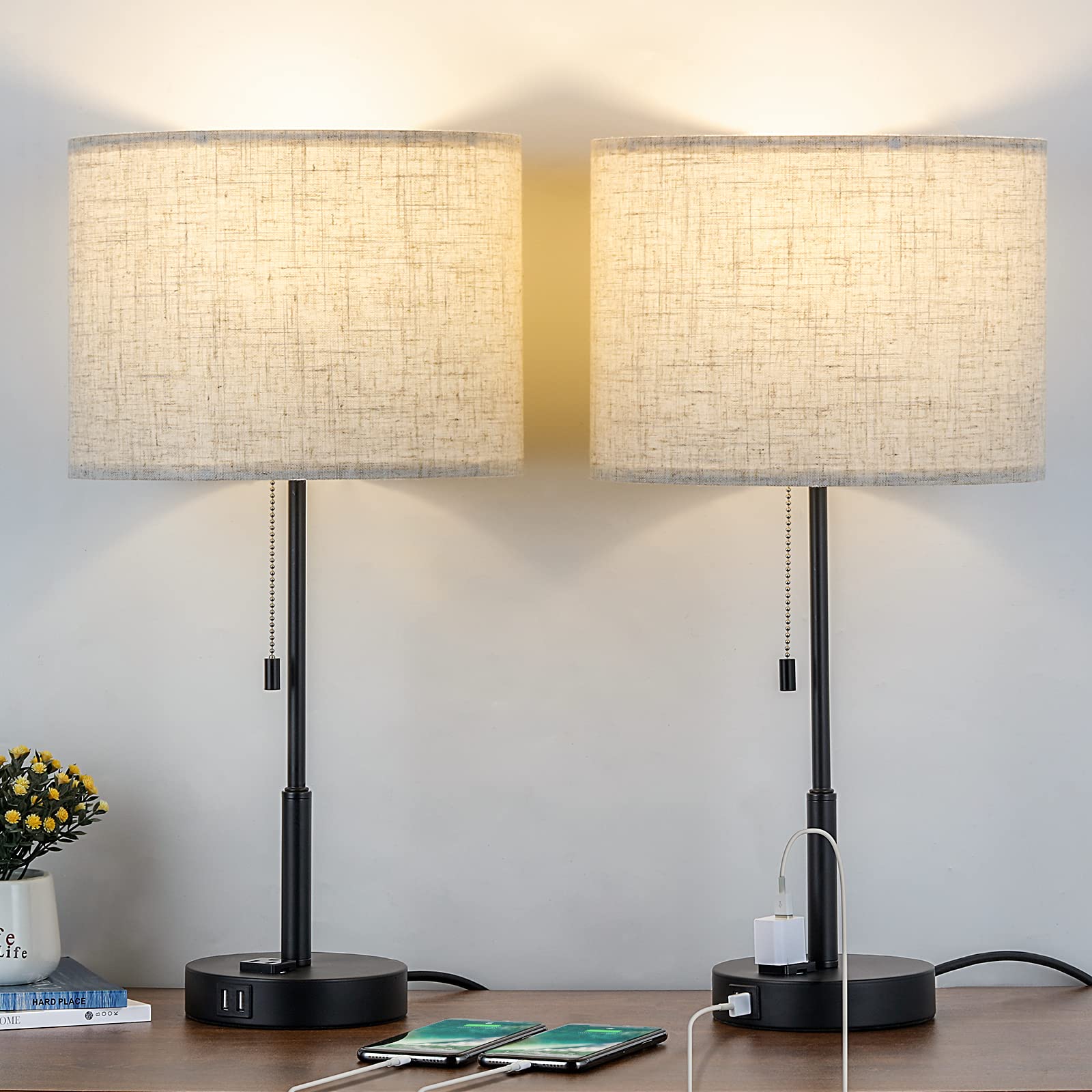 JS NOVA JUNS Modern Table Lamps Set of 2 with Dual USB Ports & AC Outlet - Bedside Nightstand Lights for Bedroom, Living Room, Study - LED Bulbs Included - Perfect for Reading, Working & Home Decor