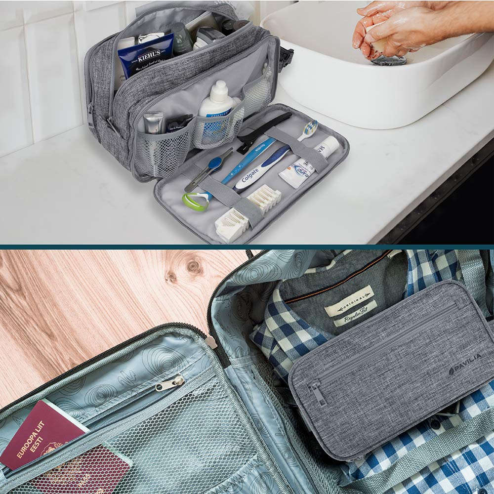 PAVILIA Men's Travel Toiletry Bag - Waterproof PU Leather Dopp Kit Organizer for Shaving, Cosmetics & Grooming Essentials | Perfect for Business Trips, Gym & Vacation (Black)