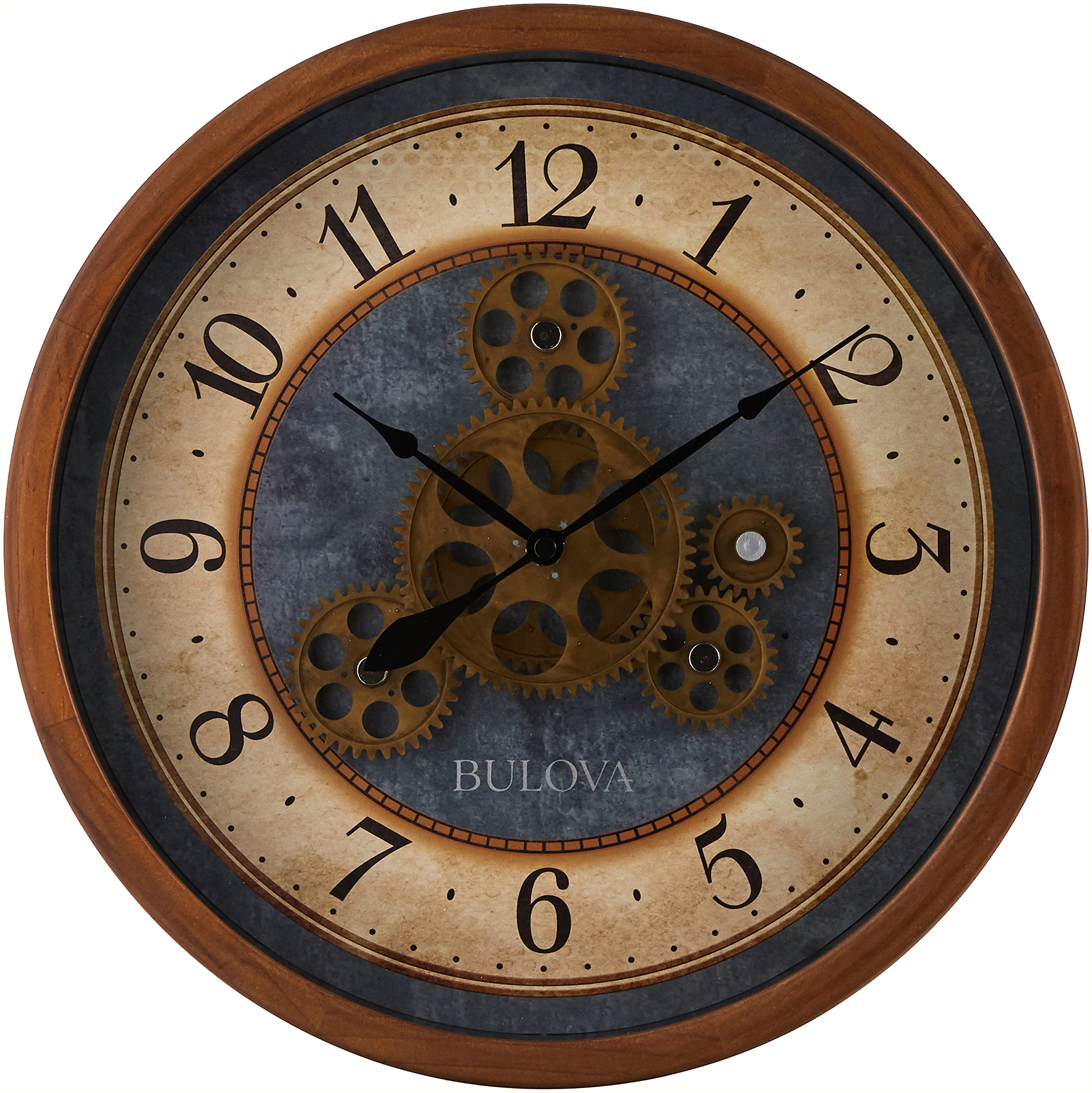 Bulova C4835 Gears in Motion Wall Clock - 12.8 Inch Brown Cherry Wooden Clock with Visible Mechanical Gears | Perfect for Living Room, Office, or Industrial Decor