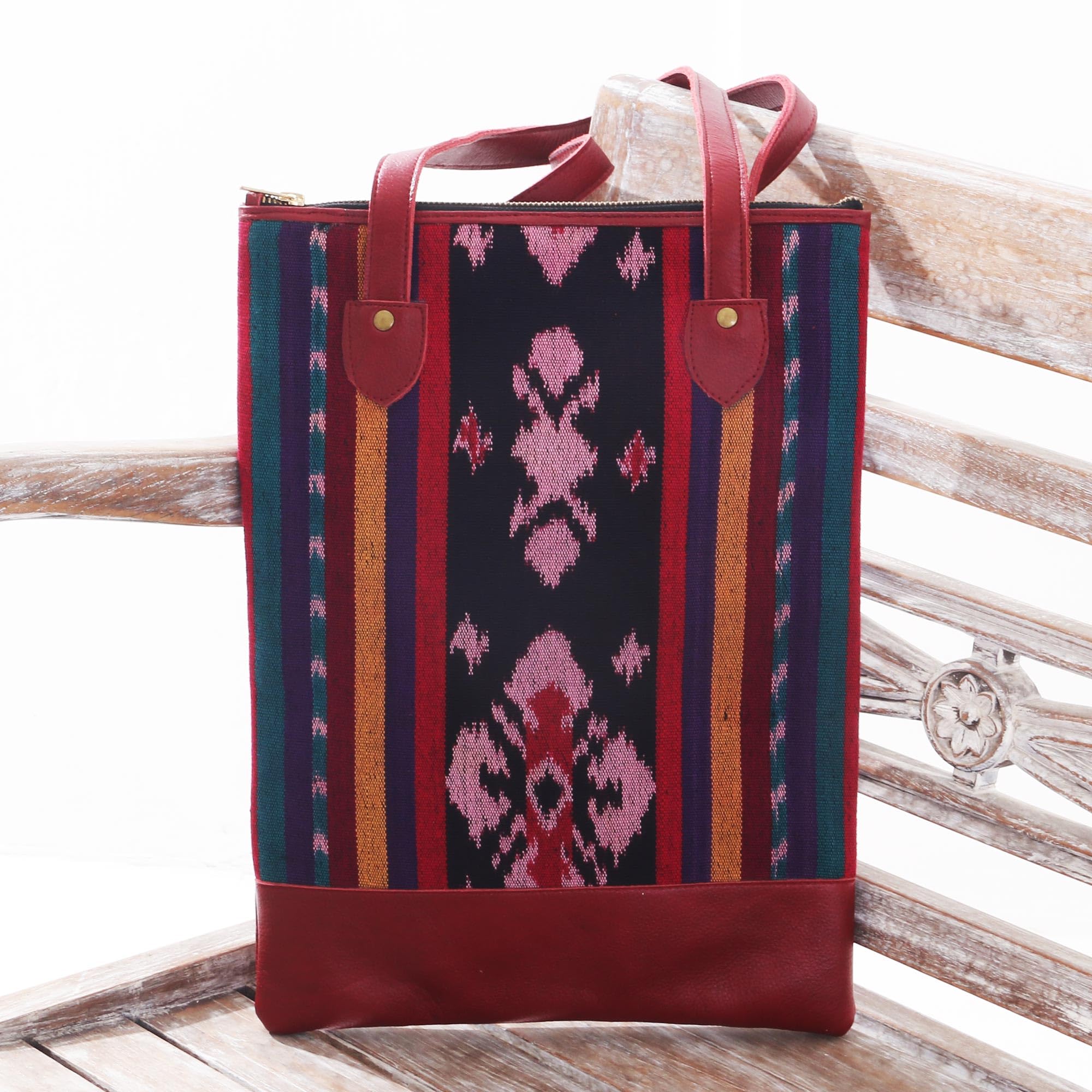 Artisan Handcrafted Leather Accent Cotton Shoulder Bag - Multicolor Burgundy Ikat Pattern, Indonesia Woven 'Jepara Weave' - Perfect for Travel, Shopping & Casual Outings