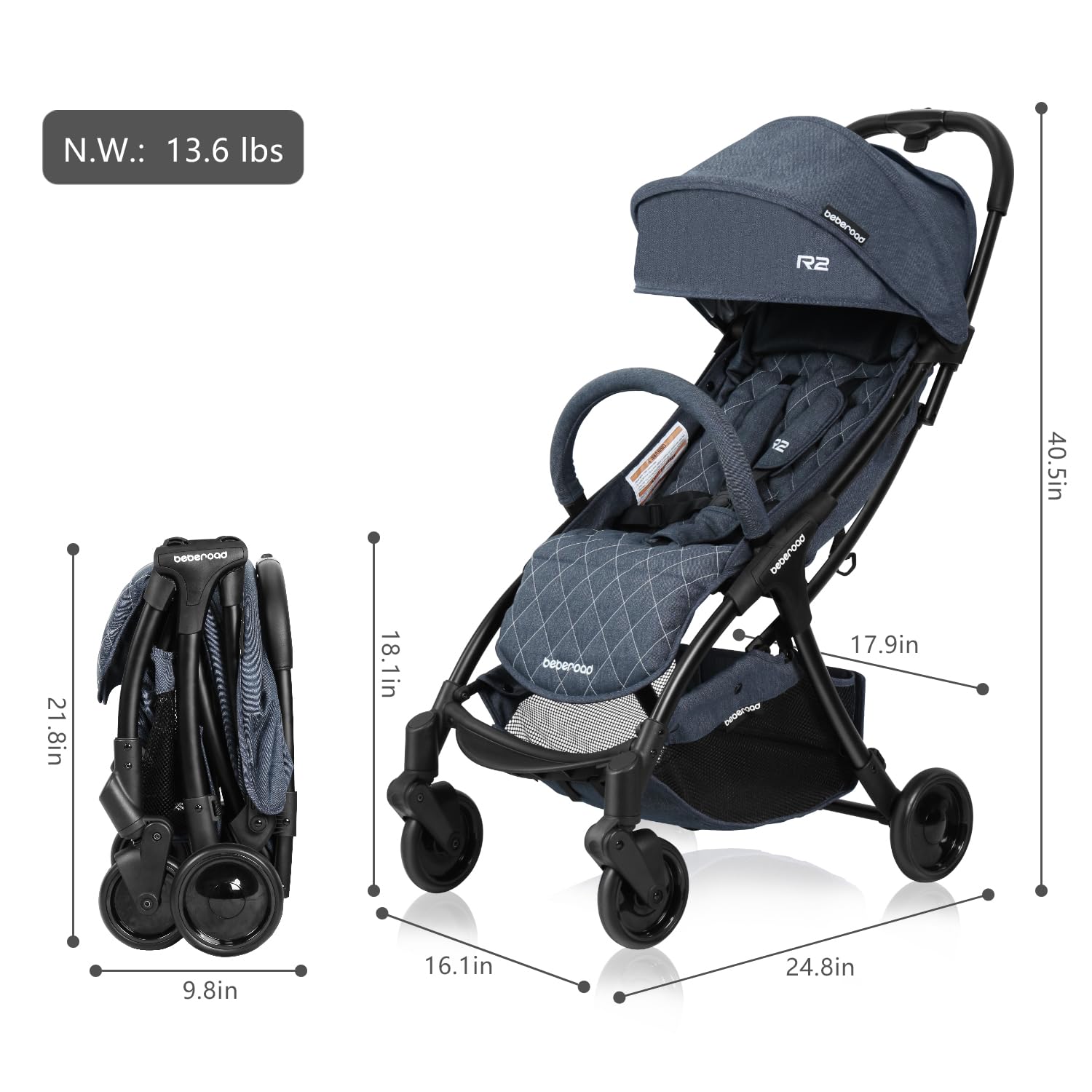 Beberoad Love R2 Compact Lightweight Travel Stroller for Toddlers - Foldable Baby Stroller with Adjustable Backrest, Cup Holder & Waterproof Canopy - Airplane Approved, Perfect for Travel, Shopping & Daily Use (Denim Blue)