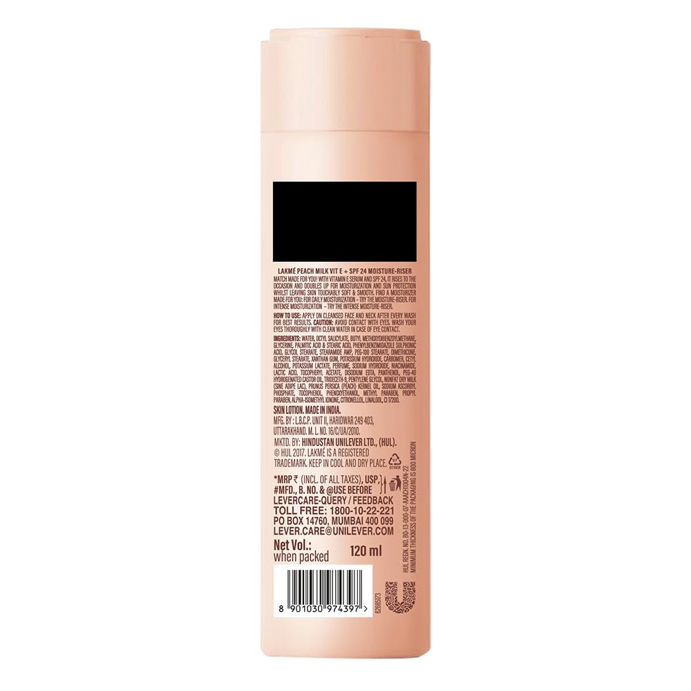 LAKMÉ Peach Milk Ceramide Lotion SPF 24 with Hyaluronic Acid | Intense Moisturizing Face & Body Lotion | UVA/UVB Protection | For Dry, Normal & Sensitive Skin | Skin Conditioner | 120ml | Perfect for Daily Hydration & Sun Protection