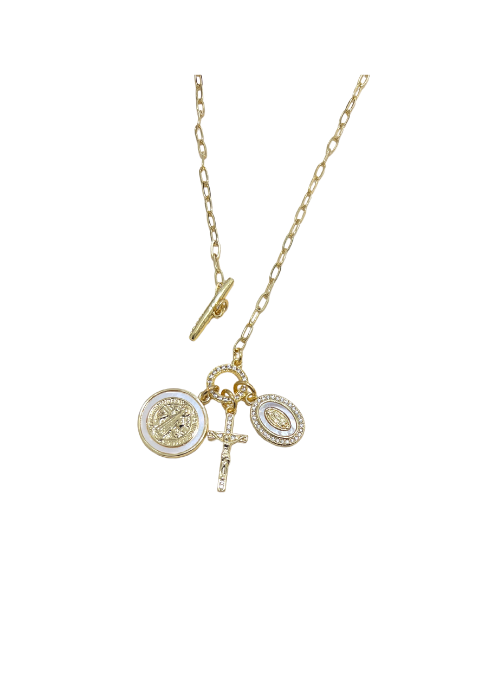 Mother of Pearl Necklace with Cross, Mary & St. Benedict - Elegant Religious Jewelry for Women - Perfect for Church, Weddings & Spiritual Occasions