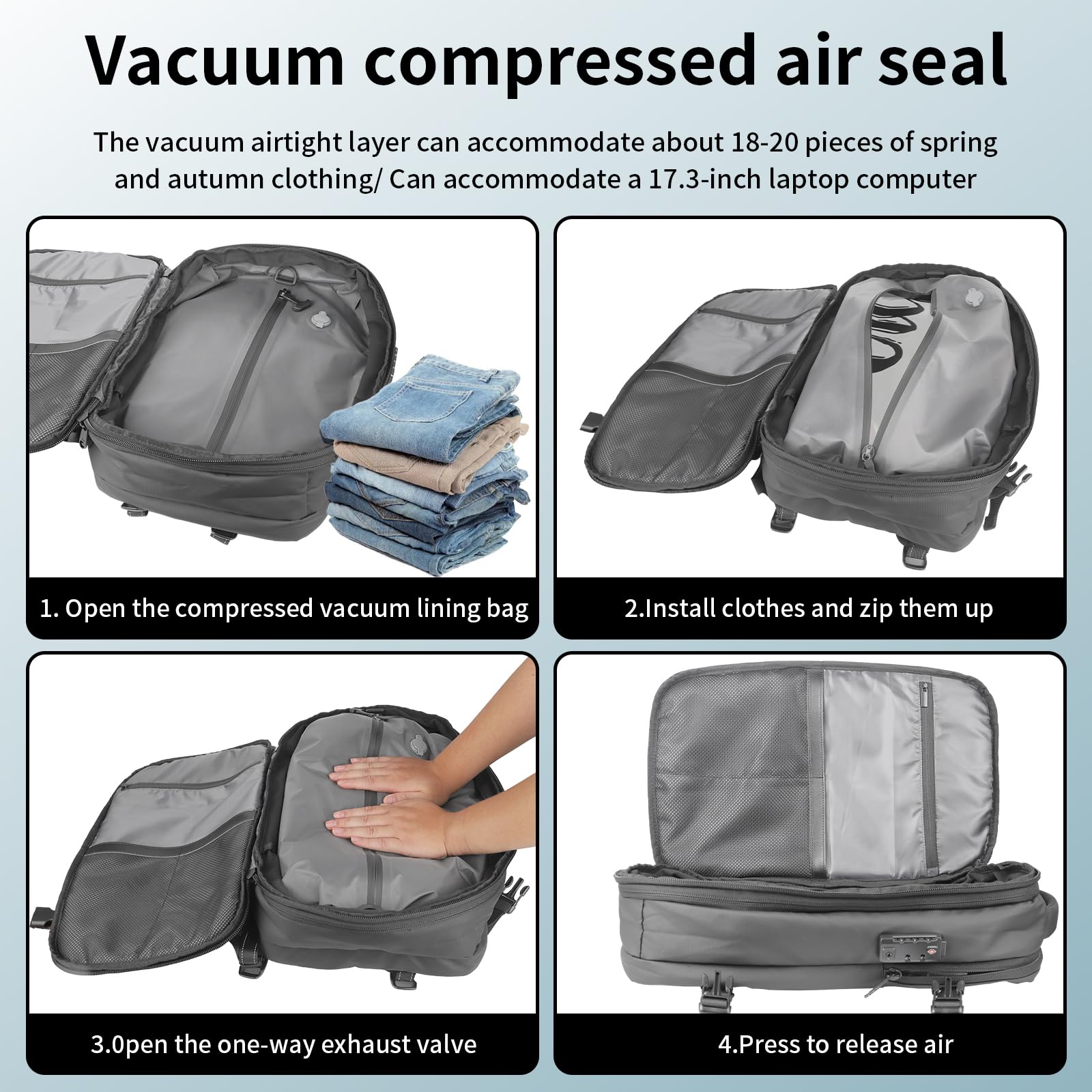 Vacuum Compression Travel Backpack 60L with Air Pump - Expandable, Anti-Theft Light Gray Hiking Backpack for Camping, Hiking & Outdoor Adventures