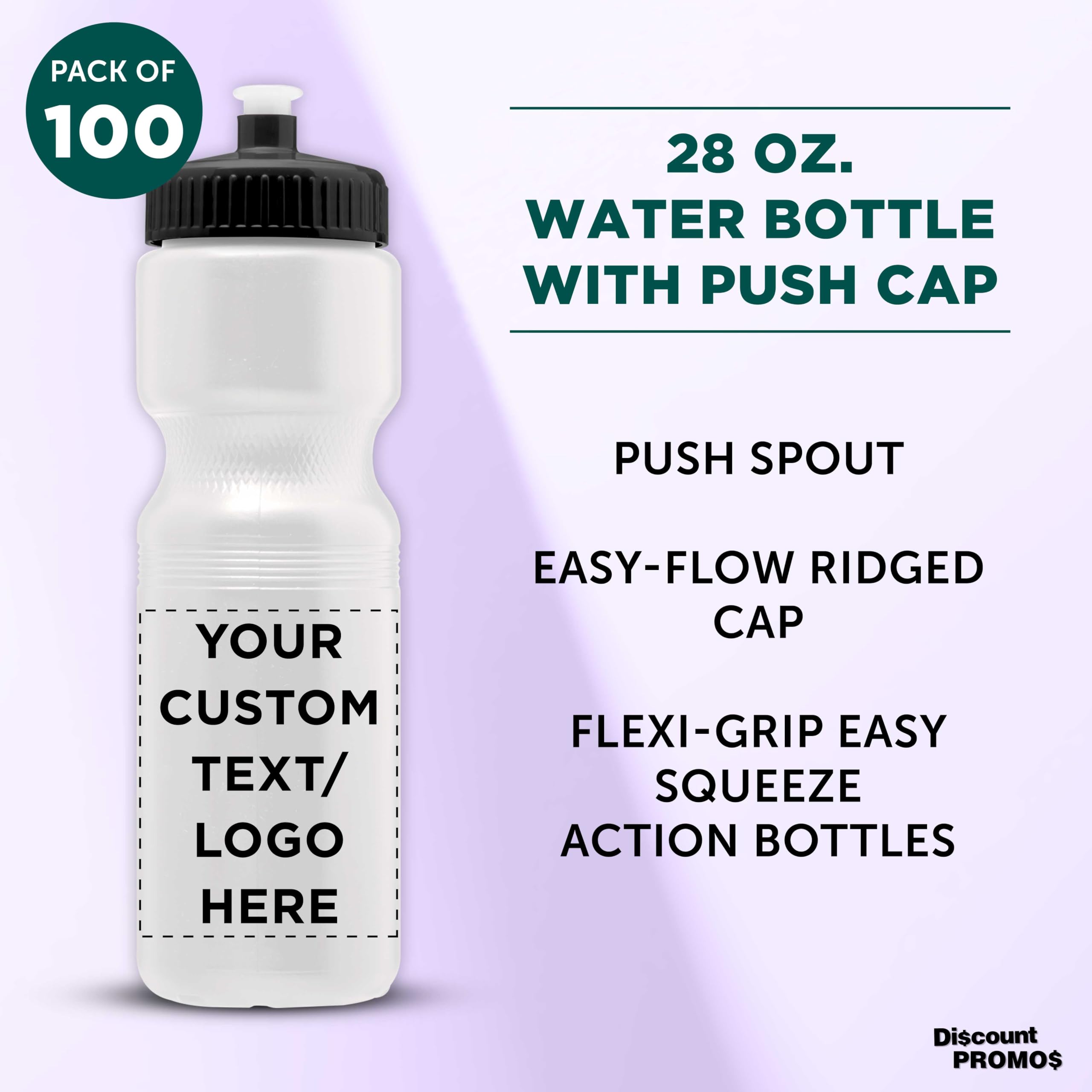 28 oz. Custom Push Cap Plastic Water Bottles - Bulk Pack of 100 - Personalized Water Bottles for Gym, Hiking, Camping & Outdoor Sports - Durable White Reusable Water Bottles - Great for Team Events, Corporate Gifts & Promotional Giveaways