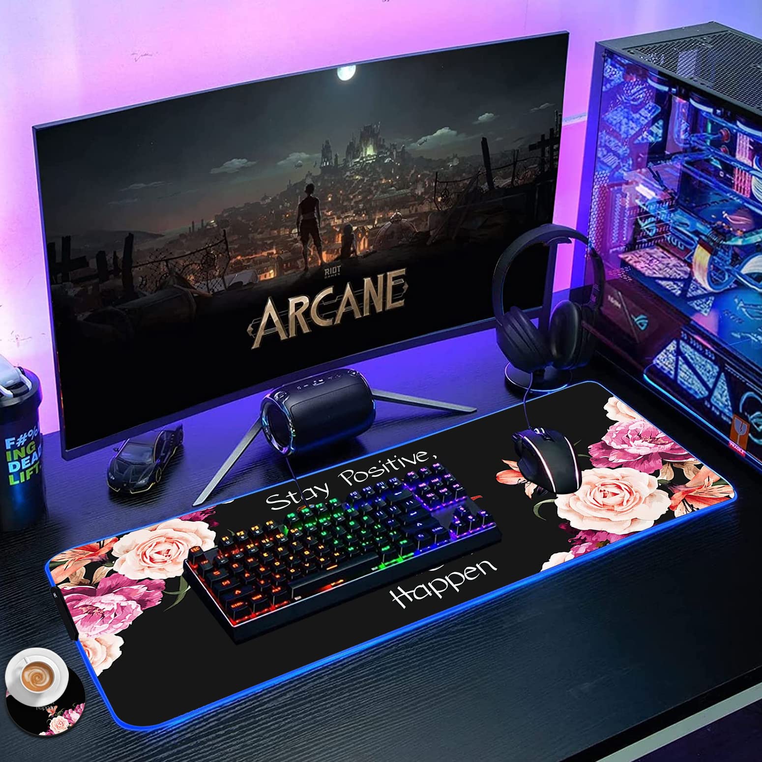 RGB Gaming Mouse Pad with LED Lights - Large Non-Slip Desk Mat for Keyboard & Mouse - Flower Peony Design 
