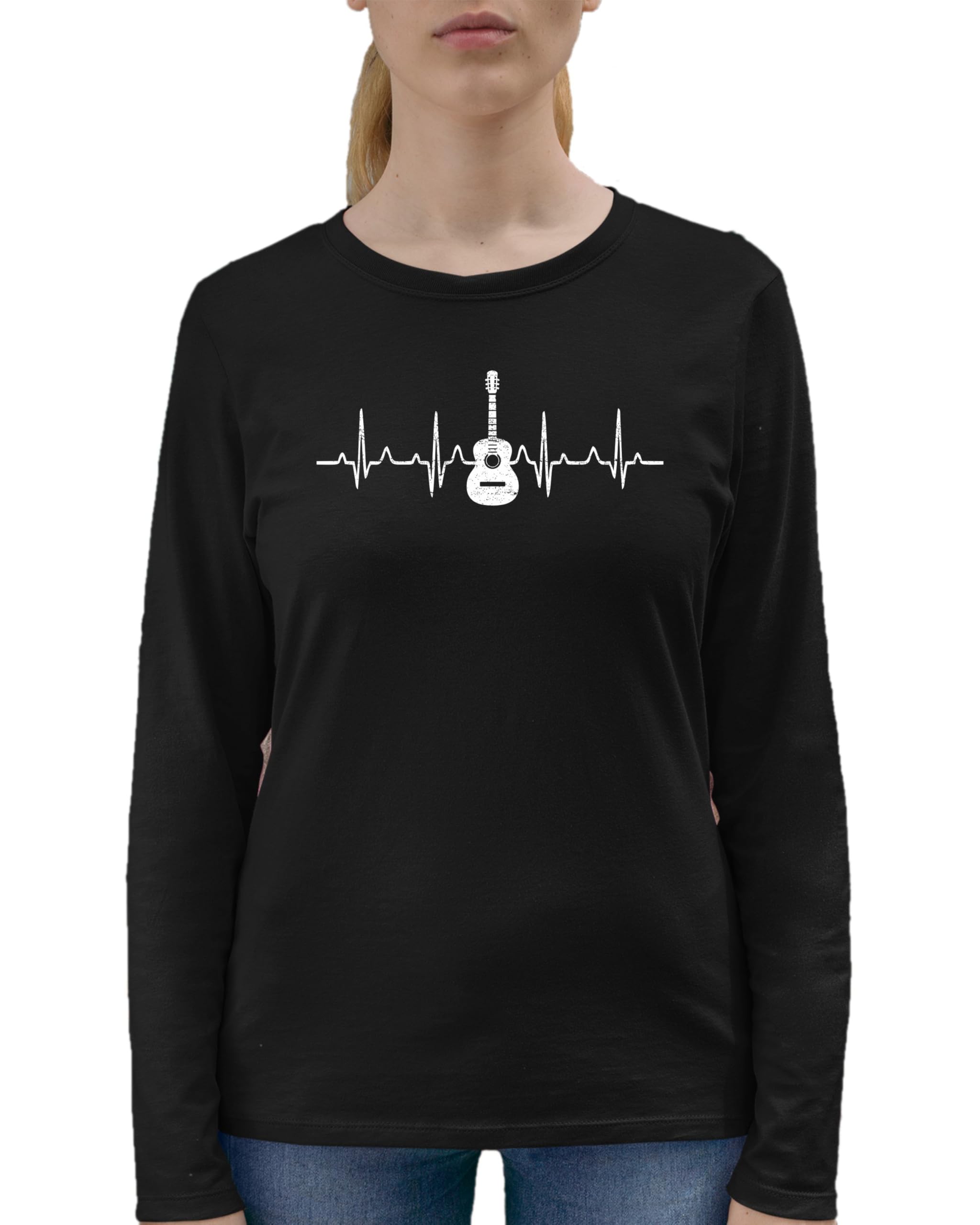 Go All Out Adult Acoustic Guitar Heartbeat Long Sleeve T-Shirt - Stylish Music Lover Tee for Performances, Concerts & Casual Wear