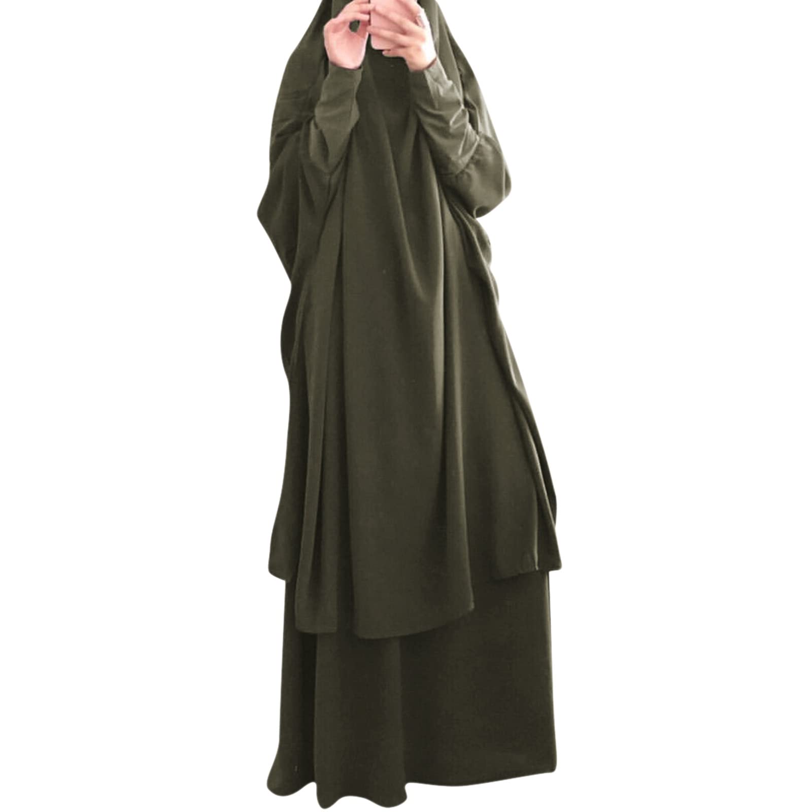 Islamic Modest Prayer Dress for Women - Full Cover Long Khimar Skirt & Hijab Abaya Set | 2-Piece Muslim Kaftan with Niqab | Long Sleeve Middle Eastern Dubai Style | Perfect for Prayer, Mosque & Special Occasions | Army Green