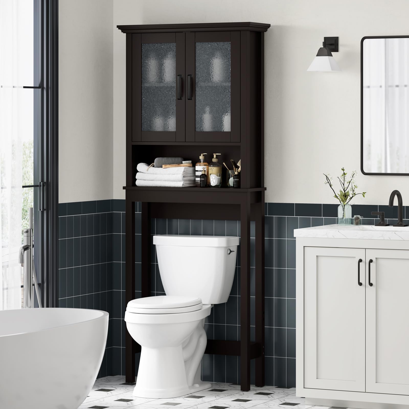 Over The Toilet Storage Cabinet with Glass Doors & Adjustable Shelf - Thick Frame Bathroom Organizer for Above/Behind Toilet - Espresso Finish - Perfect for Small Bathrooms, Apartments & Space-Saving Storage Solutions