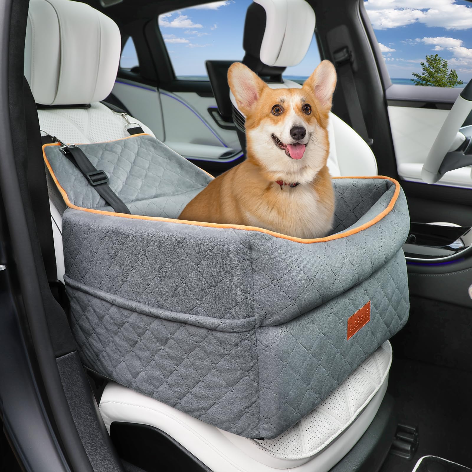 **Memory Foam Dog Booster Car Seat for Small & Medium Dogs (0-35 lbs) – Anti-Slip Pet Travel Bed with Adjustable Leashes & Storage Pockets – Perfect for Road Trips, Vet Visits & Daily Commutes**