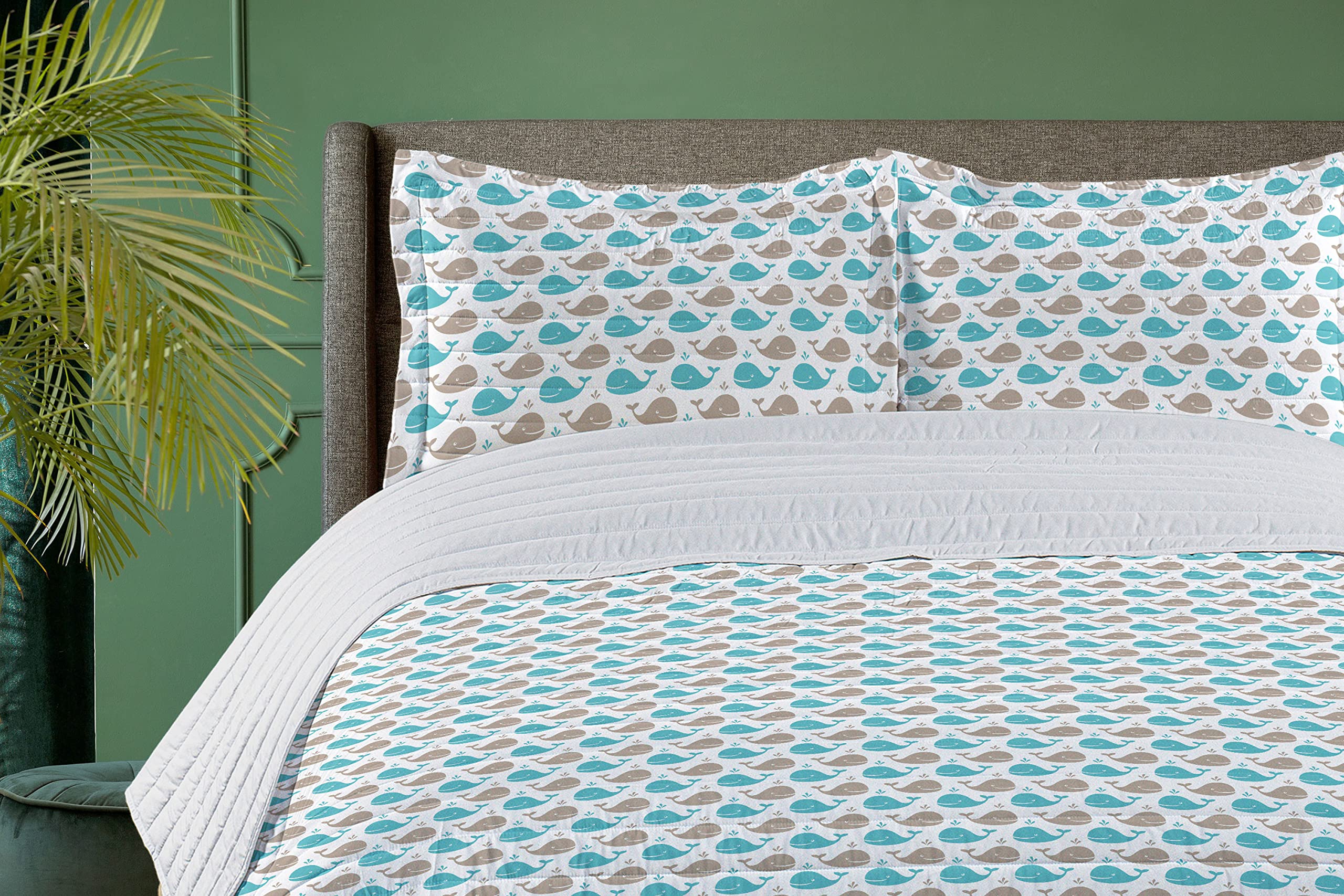 Ambesonne Sea Animals Microfiber Bedspread Set - King Size Tan Turquoise White | Soft Cartoon Whale Pattern Bedding with Pillow Shams & Comforter | Perfect for Kids' Rooms, Beach Themed Decor & Cozy Bedroom Makeovers