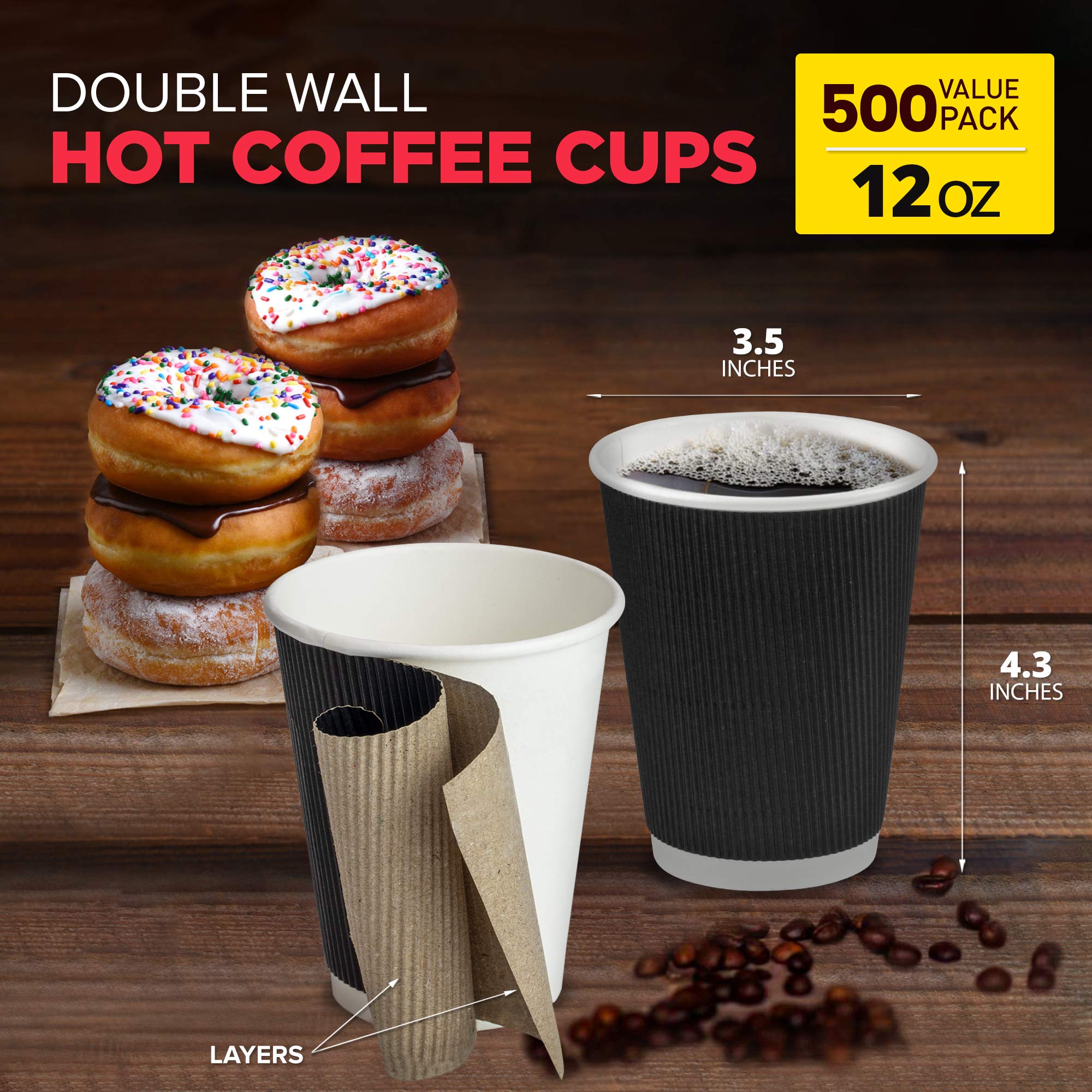500-Pack 12 oz Black Disposable Coffee Cups - Triple Wall Insulated Hot Beverage Cups for Coffee, Hot Chocolate & Tea | Leak-Proof Corrugated Design for Travel, Office & Home Use (Lids Not Included)