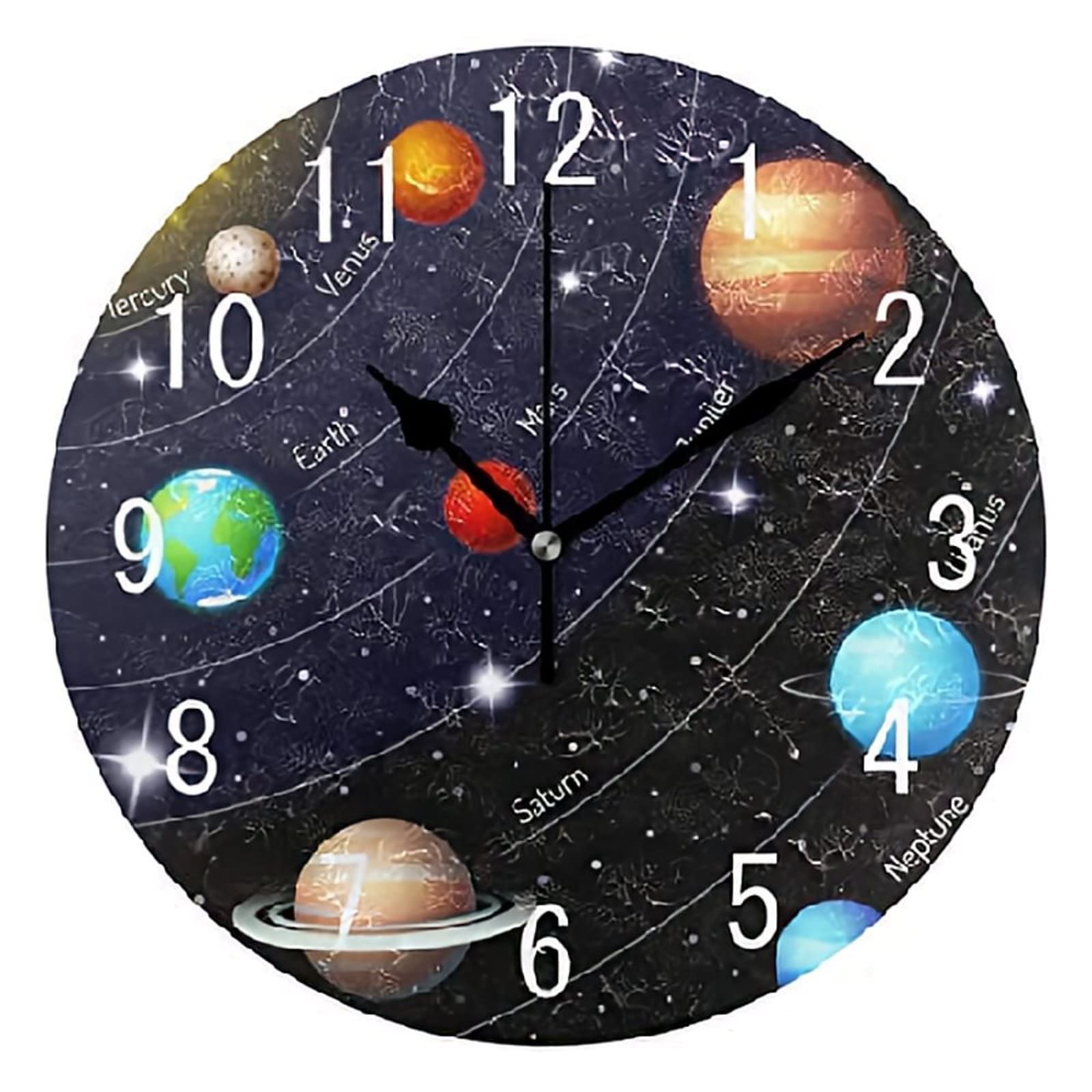 10 Inch Solar System Wall Clock - Wooden Round Space Planet Silent Battery Operated Wall Decor for Bedroom & Living Room | Perfect Astronomy Theme Home Office Decor Gift