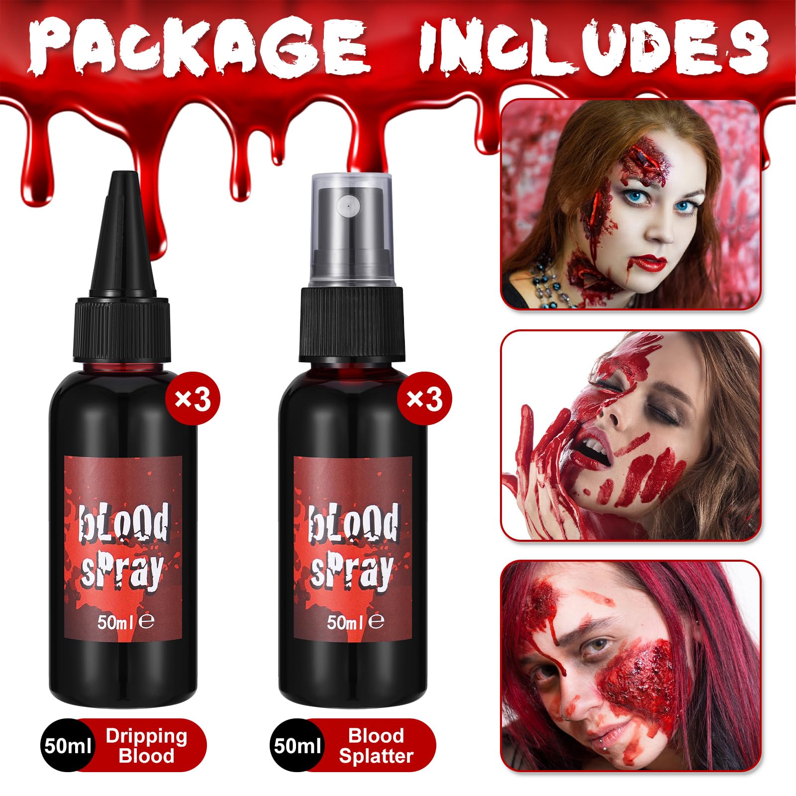 Halloween Fake Blood Makeup Kit - Washable & Non-Toxic Red Blood Spray & Gel for Realistic Dripping Effects - Perfect for Cosplay, Zombie, Vampire & Monster Costumes - Great for Halloween Parties, Haunted Houses & Horror Events (Set 1)
