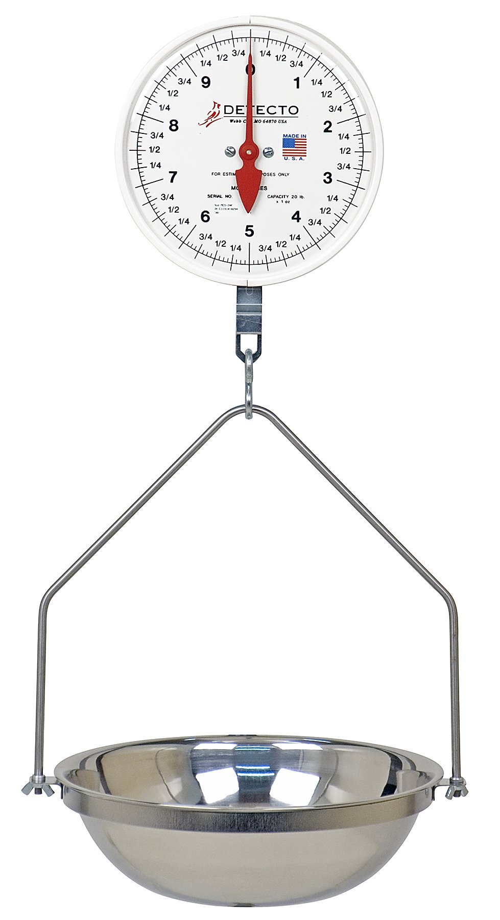 Detecto MCS-20KGF Hanging Dial Scale - 20kg/44lb Capacity Heavy Duty Fish Pan Scale for Commercial Fishing, Butcher Shops & Farm Use - Accurate Weighing Solution for Seafood, Meat & Livestock