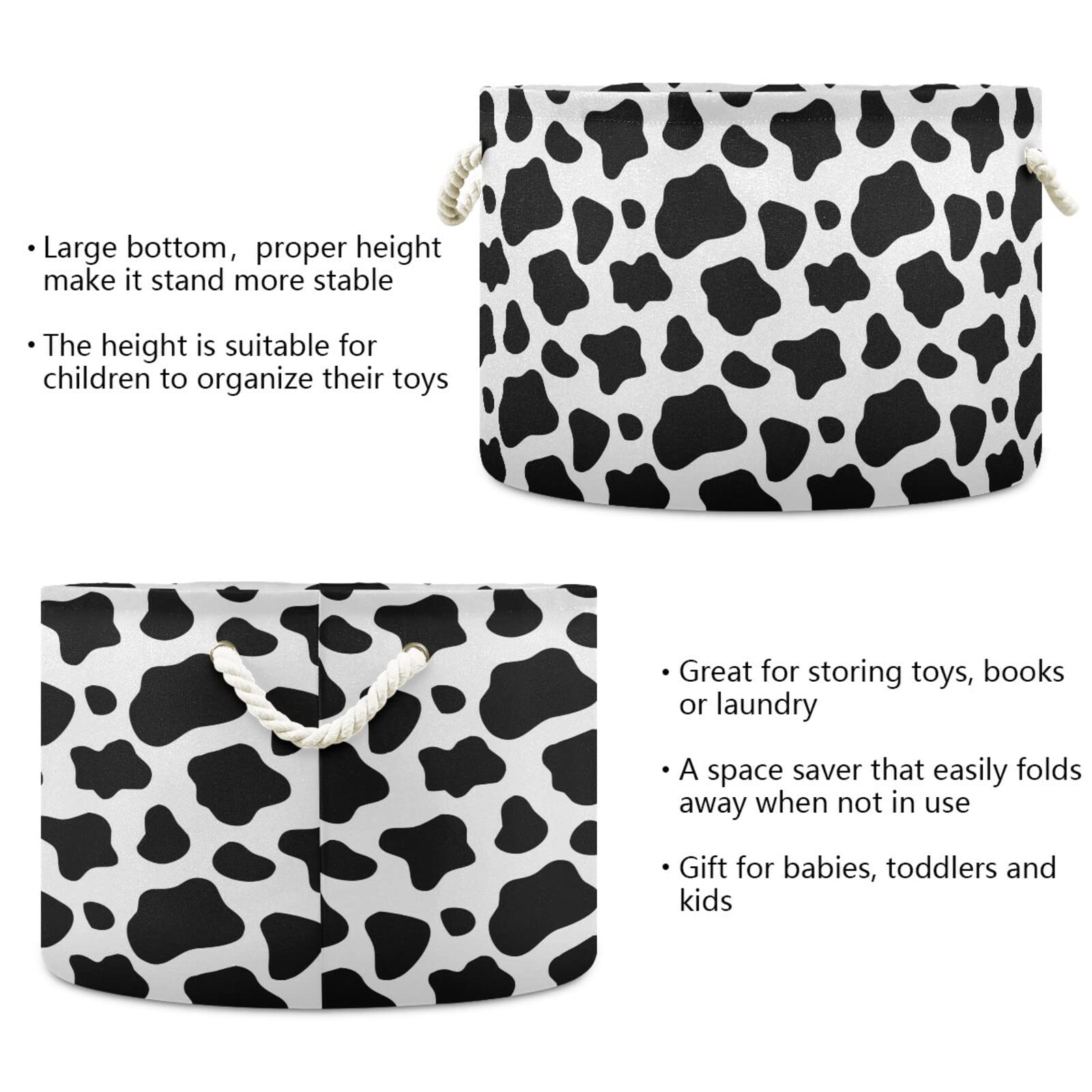 ALAZA Large Round Storage Basket - Black and White Cow Print Toy Basket, Nursery Bins & Laundry Hamper for Bathroom, Bedroom, Home Decor | Perfect for Organizing Toys, Clothes & Home Essentials
