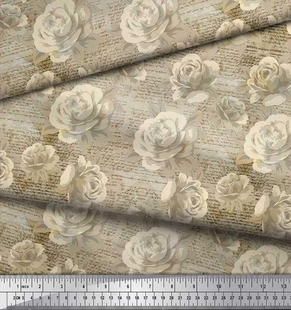 Soimoi 100% Cotton Voile Fabric - Green Printed Text, Leaves & Rose Floral Design - 42 Inch Wide by The Yard - Lightweight & Breathable for Dresses, Curtains, Scarves & DIY Crafts