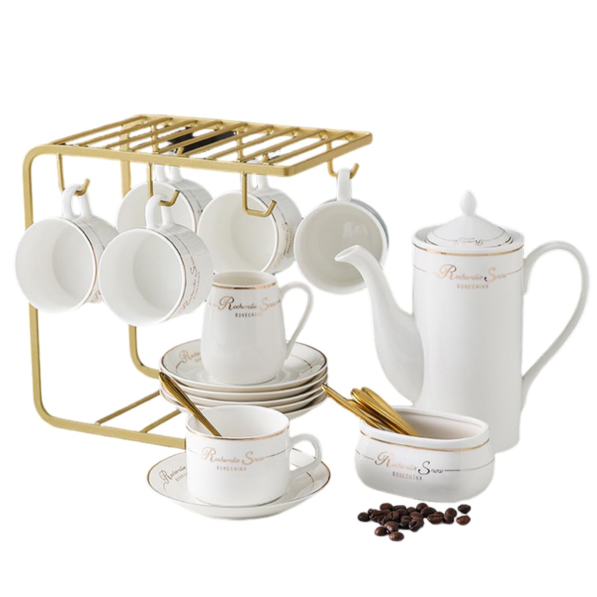 22-Piece Porcelain Teapot Set with Gold Accents - Ceramic Coffee & Tea Cups, Saucers, Sugar Bowl, Creamer & Serving Tray - Elegant Tea Party & Coffee Break Gift Set for Home, Office & Bridal Shower