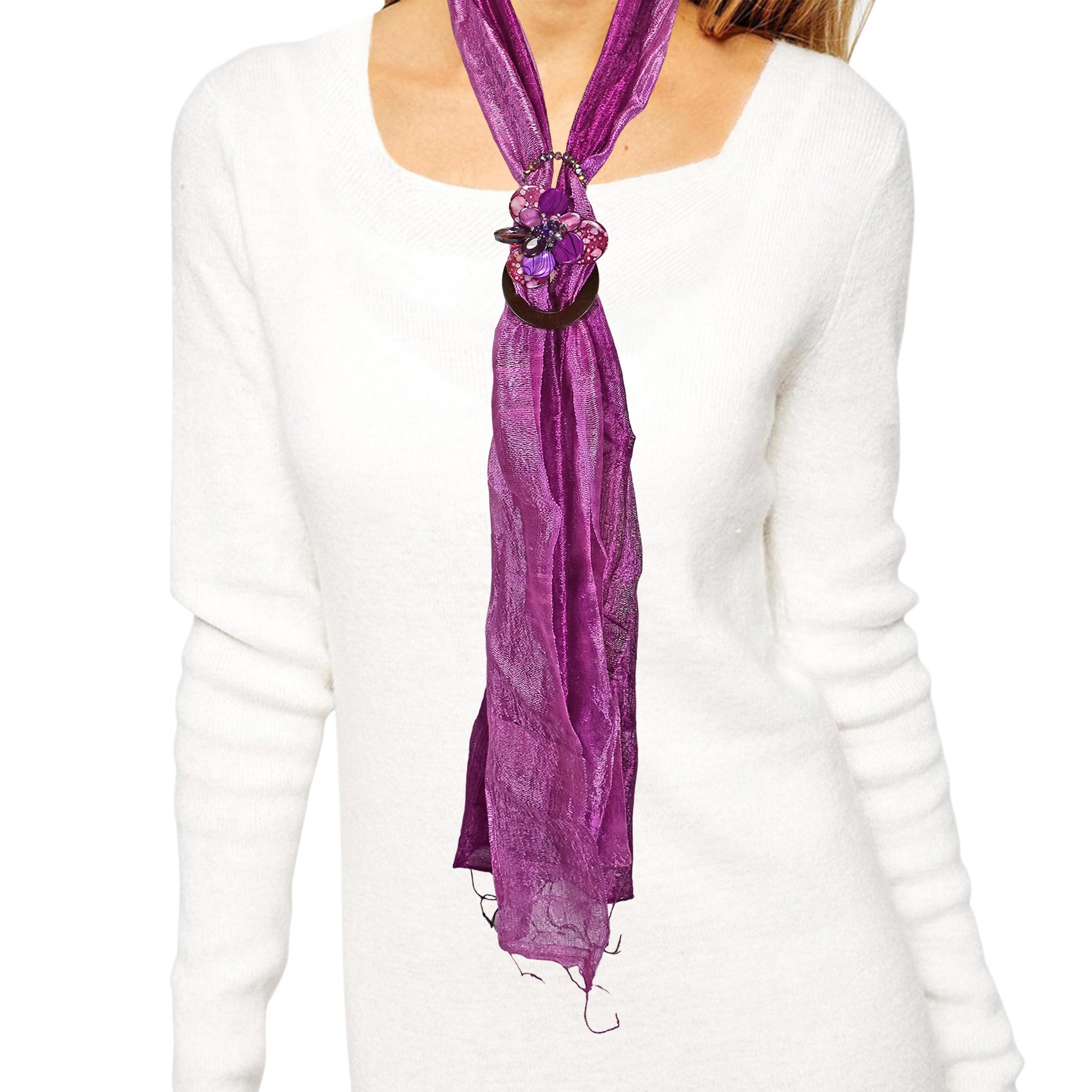 AeraVida Purple Floral Mix Stone Buckle Pendant Necklace with Bamboo Yarn Scarf - Elegant Bohemian Jewelry for Women, Perfect for Parties, Weddings & Everyday Wear